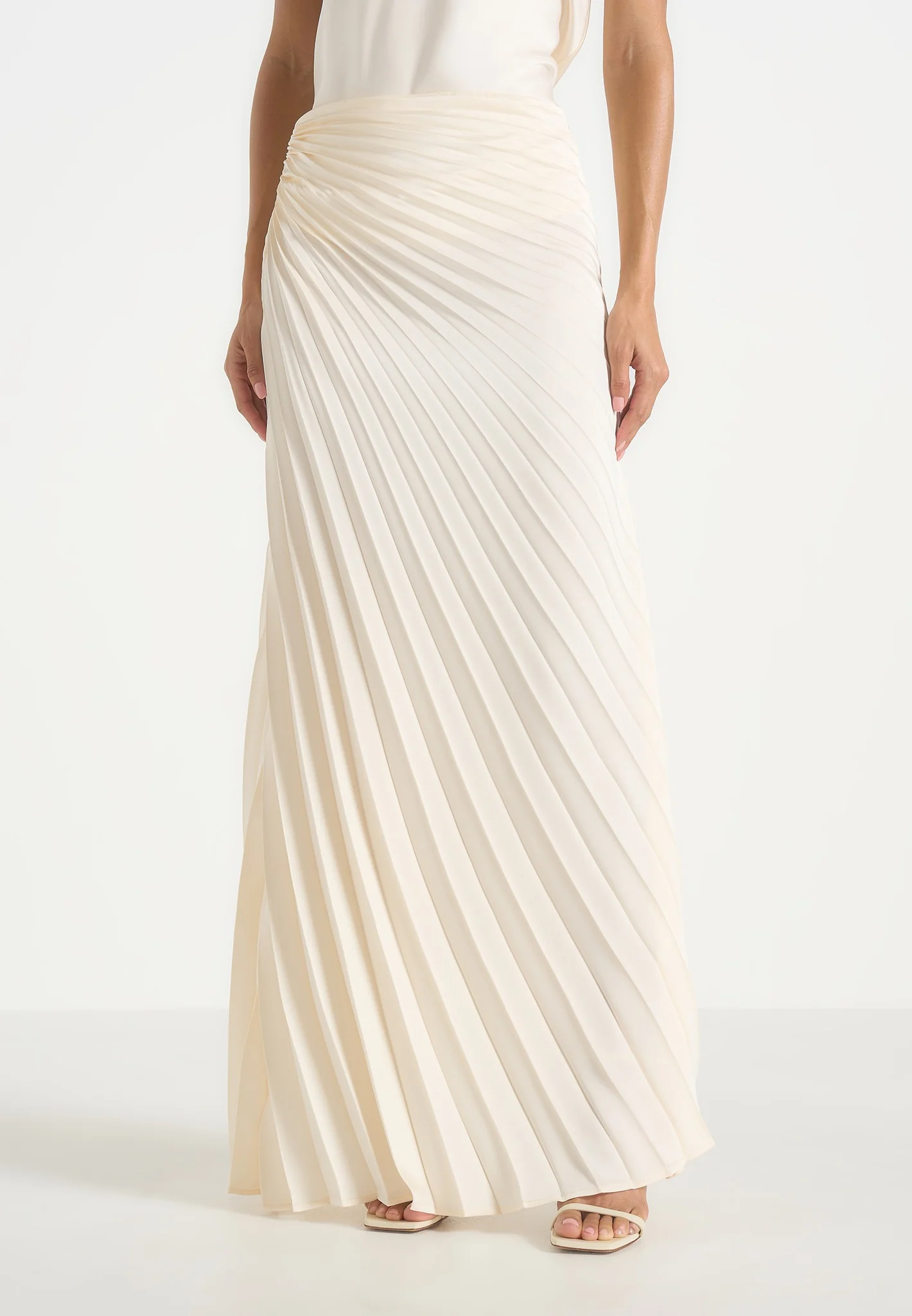 Fiona - Satin Fan Pleat Maxi Skirt - Ivory - Image 2