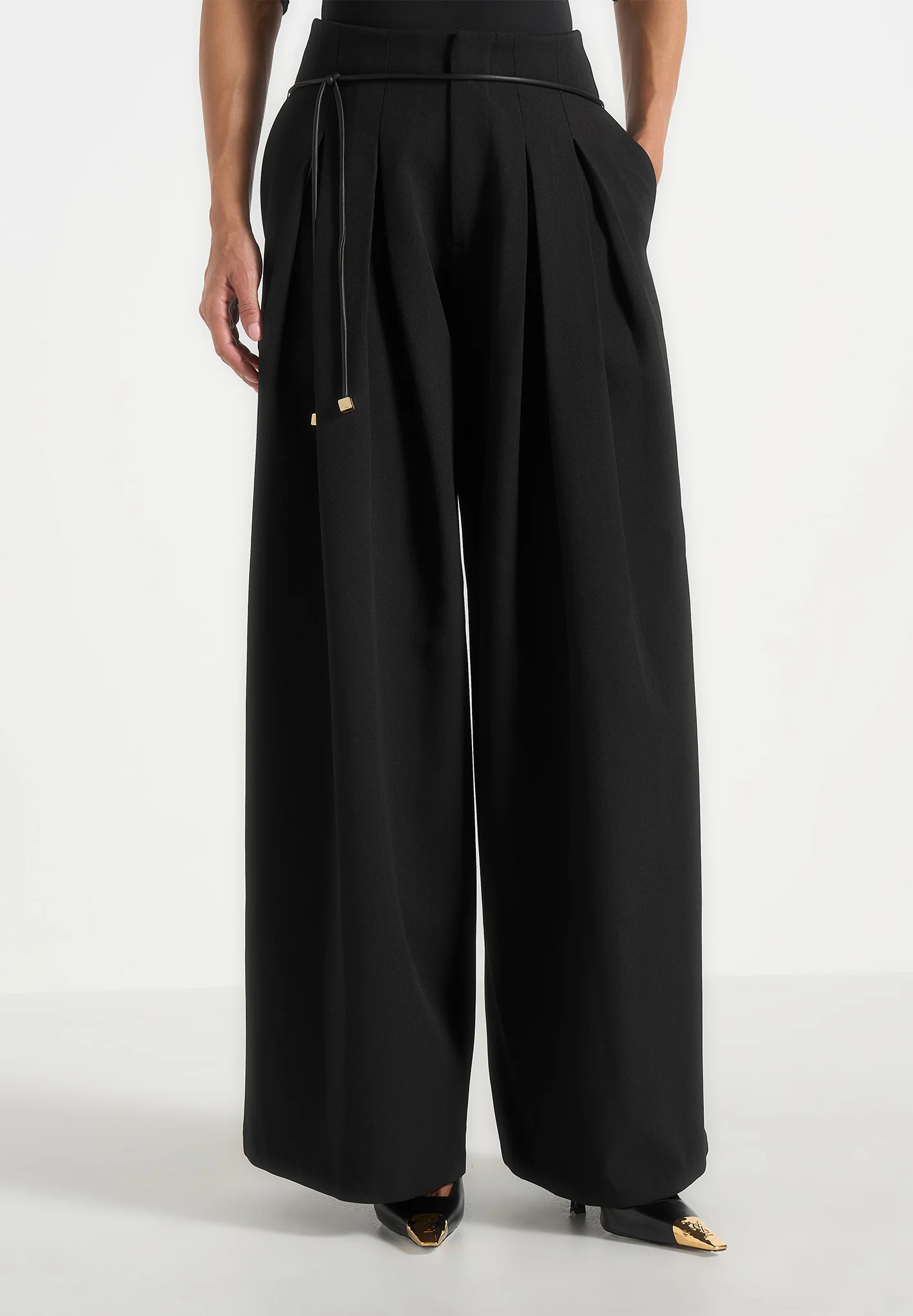 Flora - Box Pleat Wide Leg Belted Trousers - Black