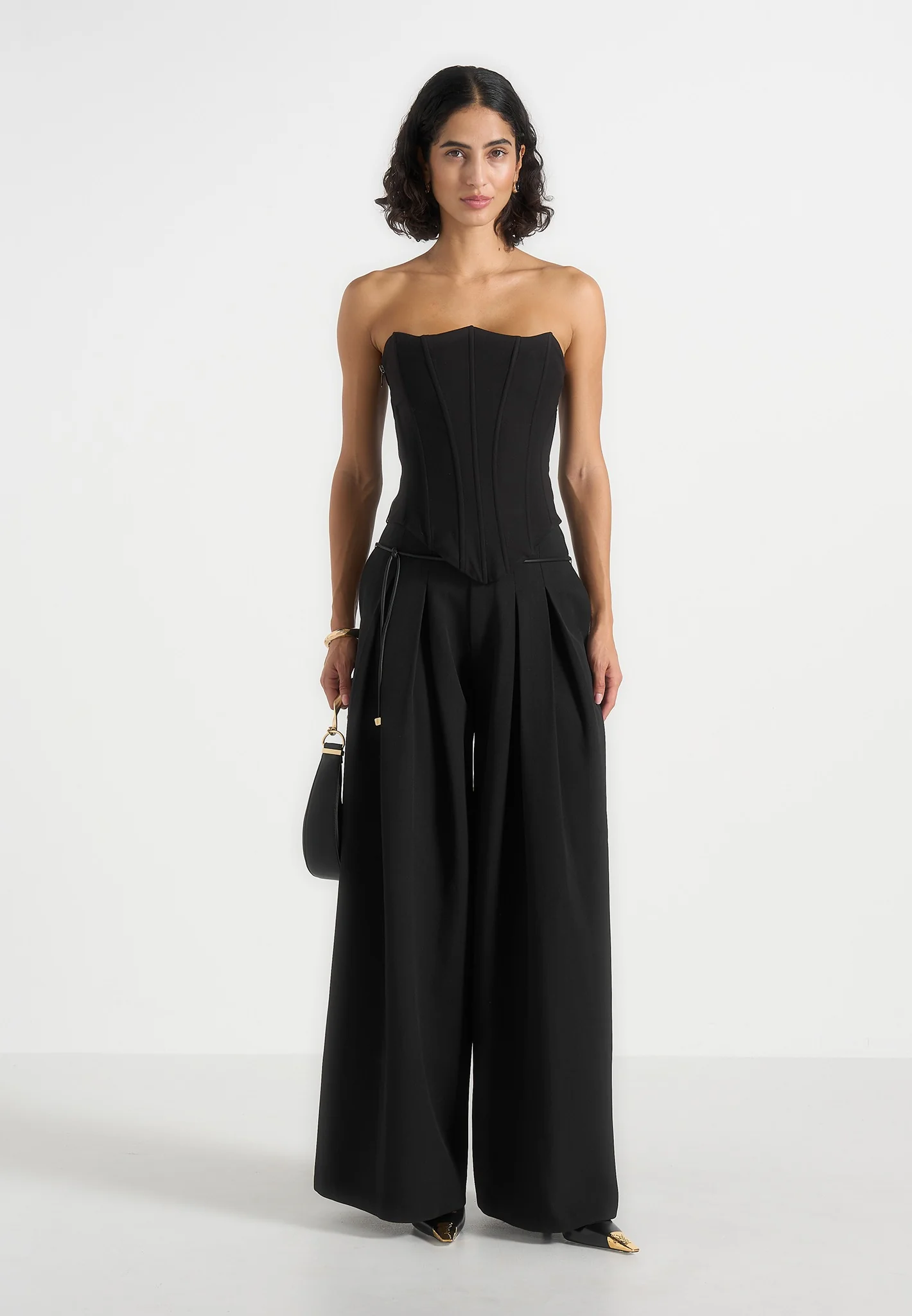 Flora - Box Pleat Wide Leg Belted Trousers - Black - Image 2