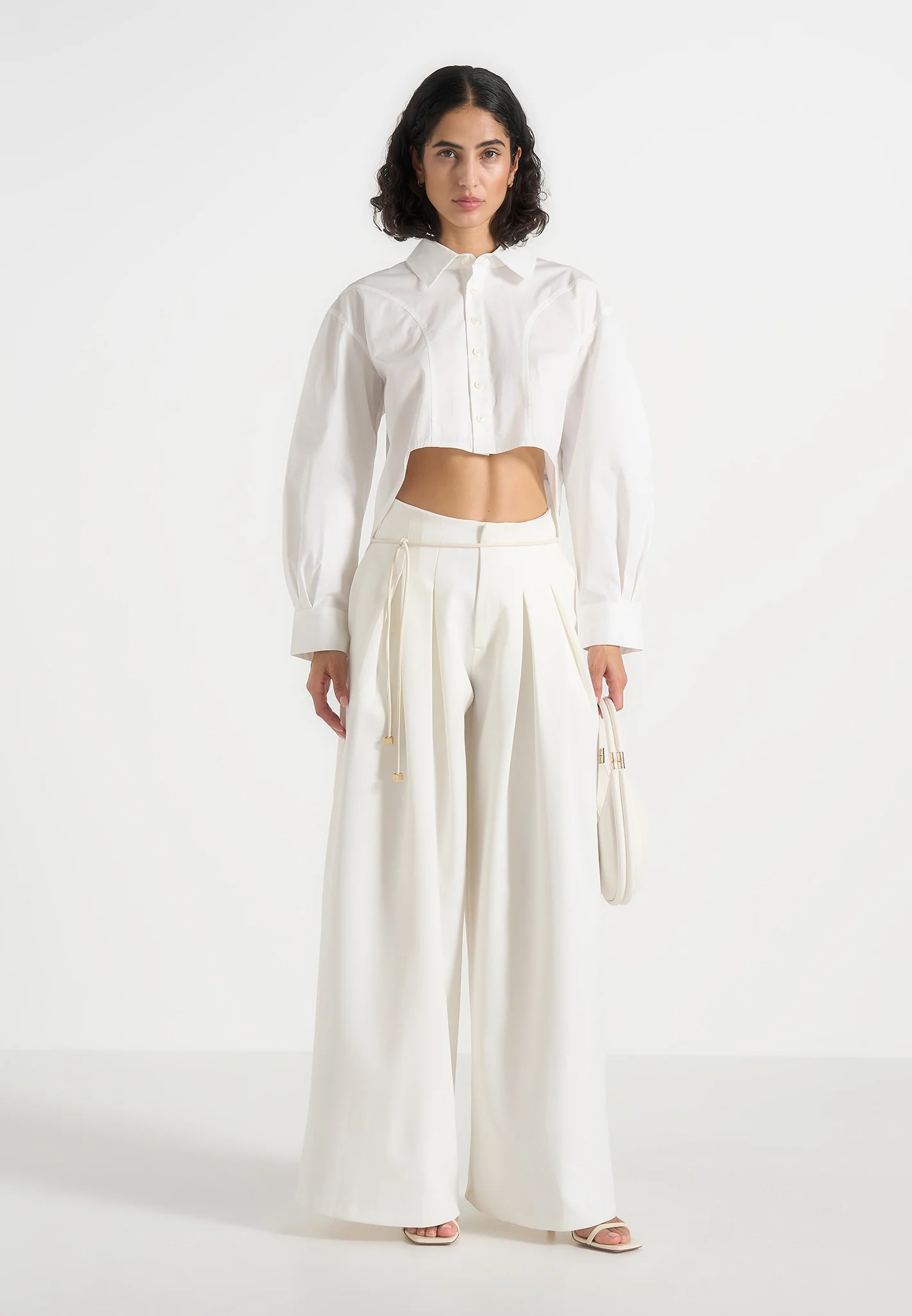 Flora - Box Pleat Wide Leg Belted Trousers - White