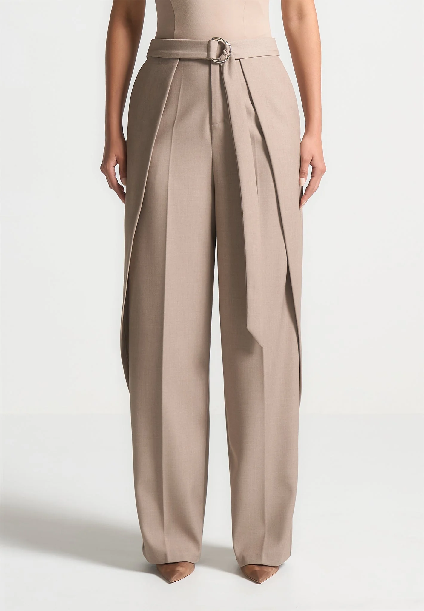 Foldover Tailored Trousers with D-Ring Belt - Beige - Image 4