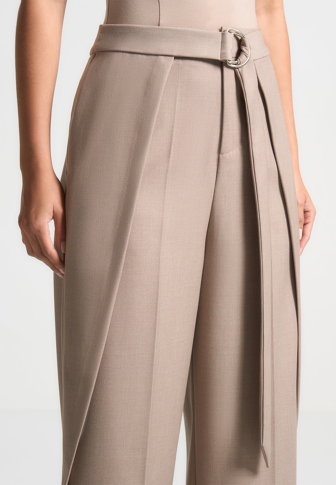 Foldover Tailored Trousers with D-Ring Belt - Beige - Image 5