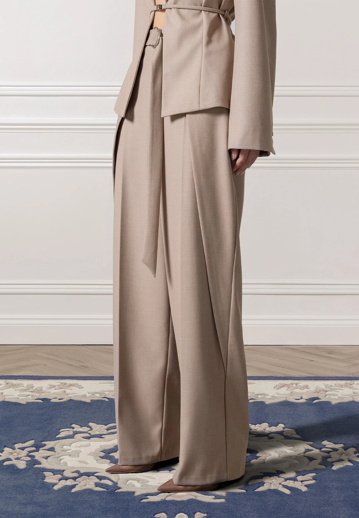 Foldover Tailored Trousers with D-Ring Belt - Beige - Image 7
