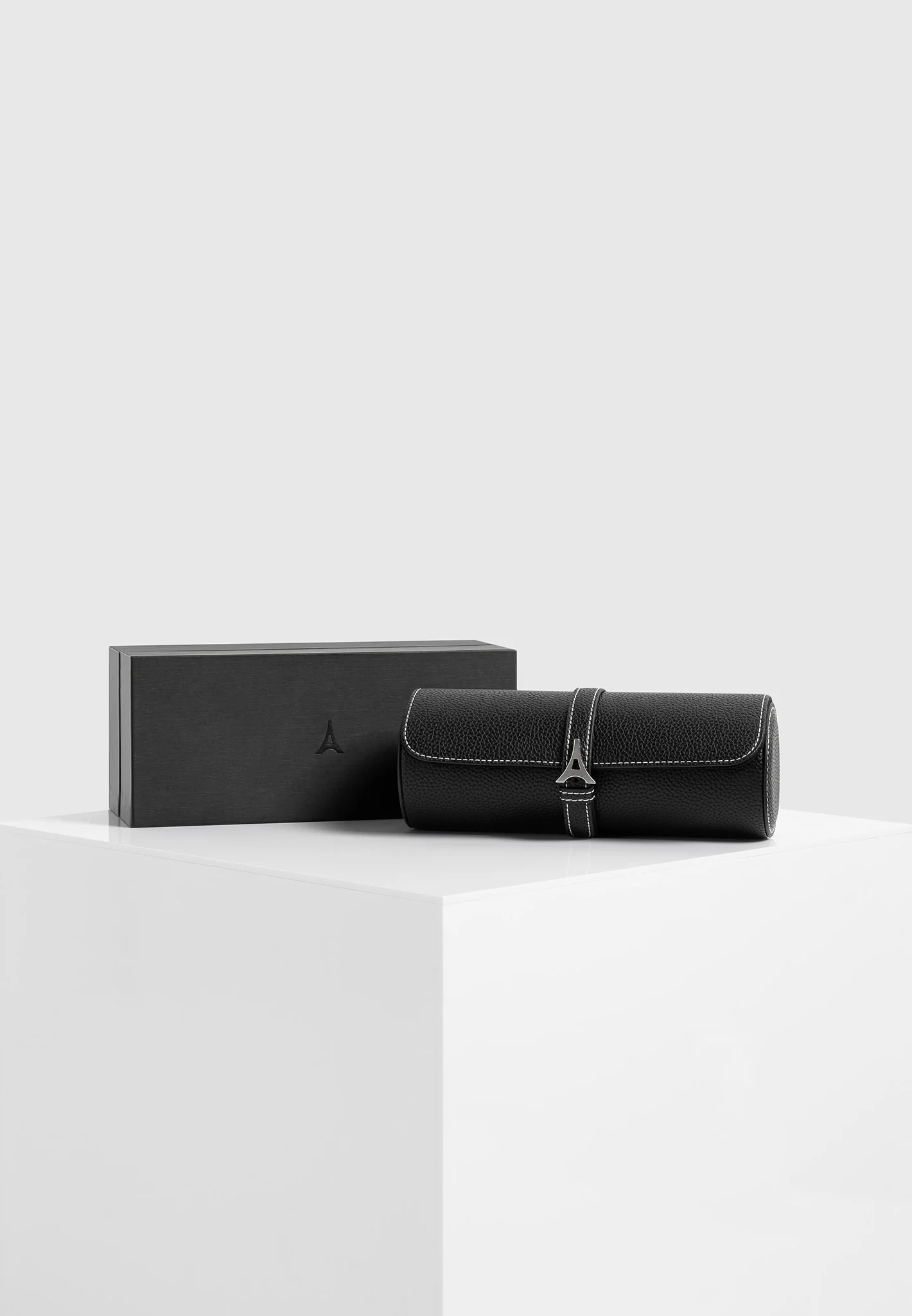 Fred - Pebbled Leather Contrast Stitch Watch Roll - Black - Image 7