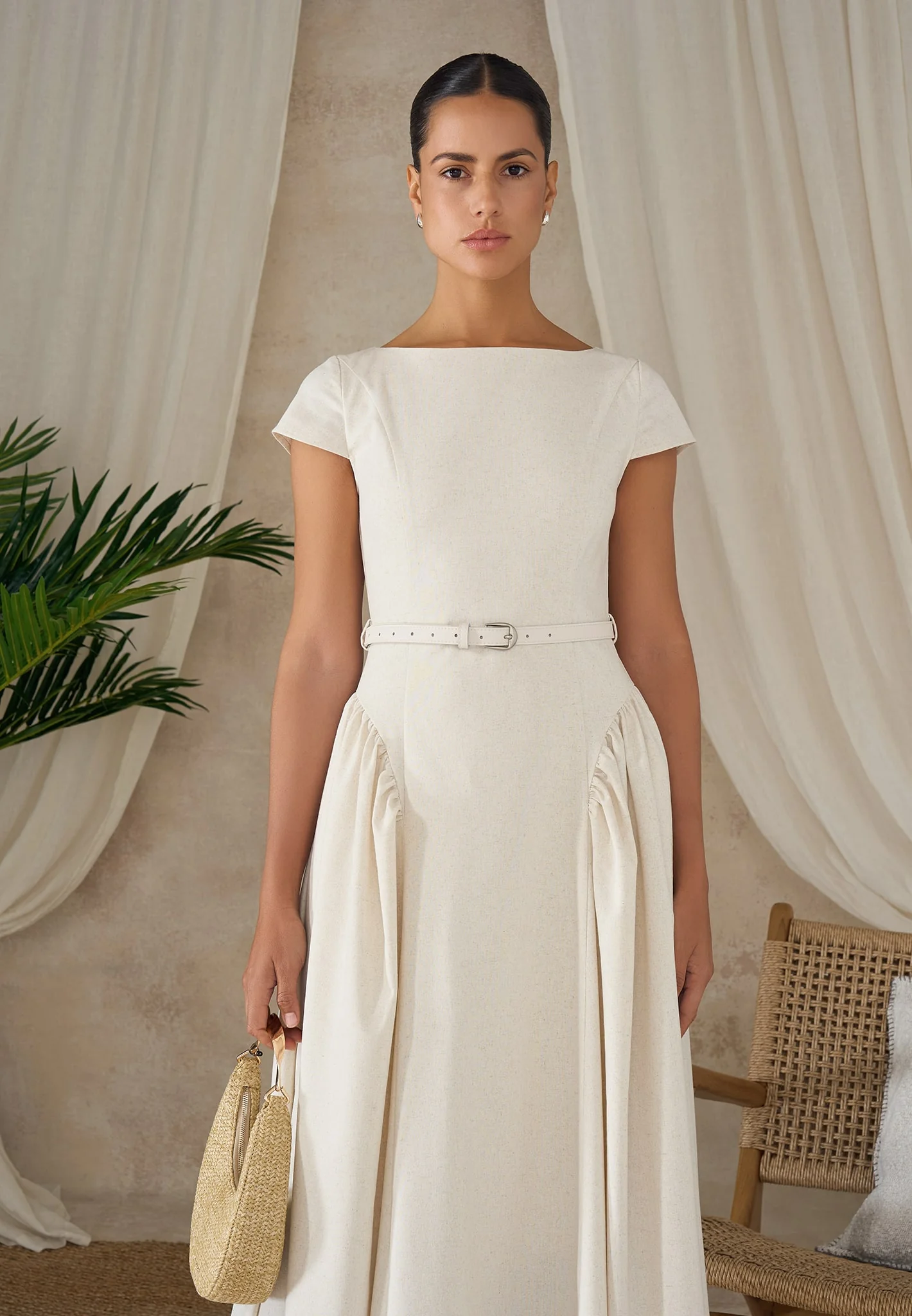 Gaia - Linen Boat Neck Belted Pleated Midi Dress - Natural - Image 3