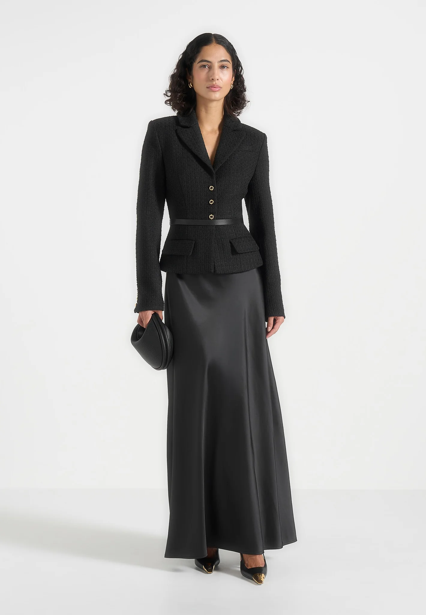 Grace - Boucle And Satin Belted Blazer Maxi Dress - Black