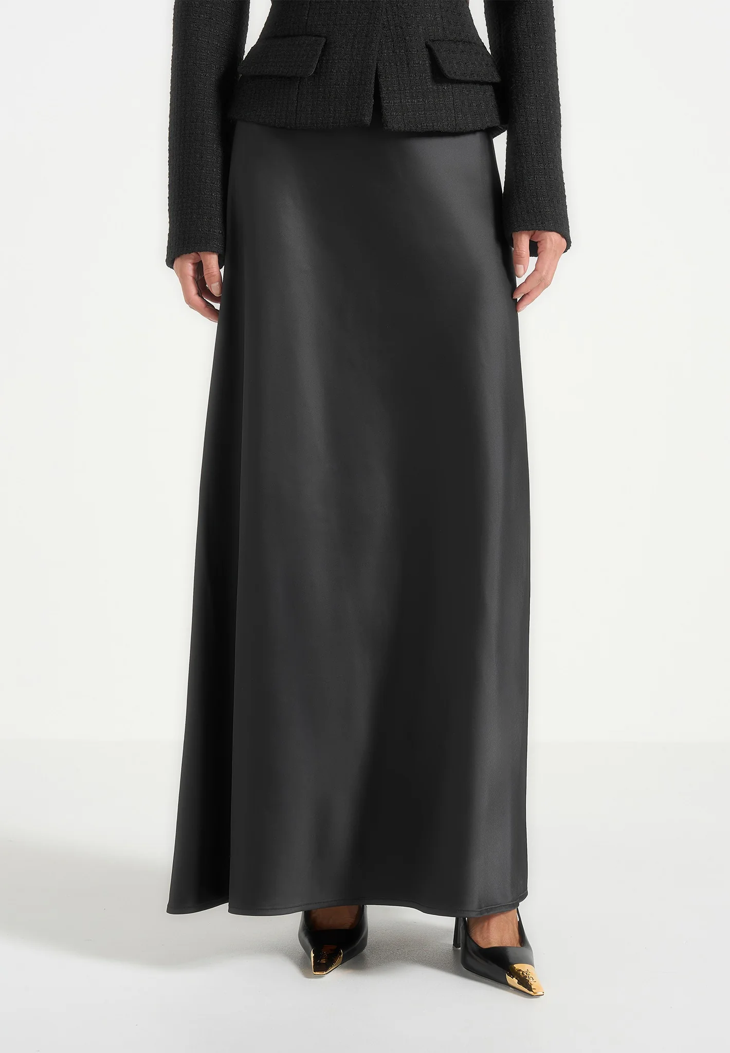 Grace - Boucle And Satin Belted Blazer Maxi Dress - Black - Image 3
