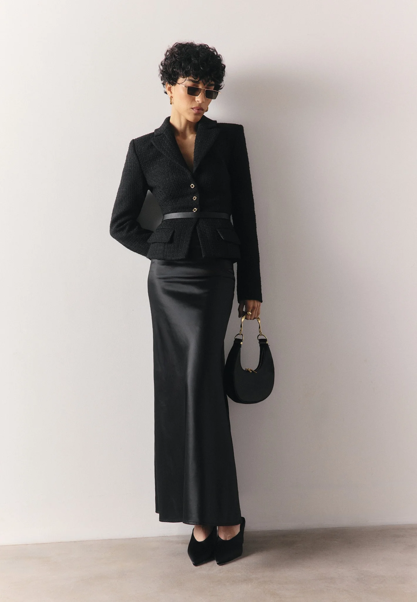 Grace - Boucle And Satin Belted Blazer Maxi Dress - Black - Image 5