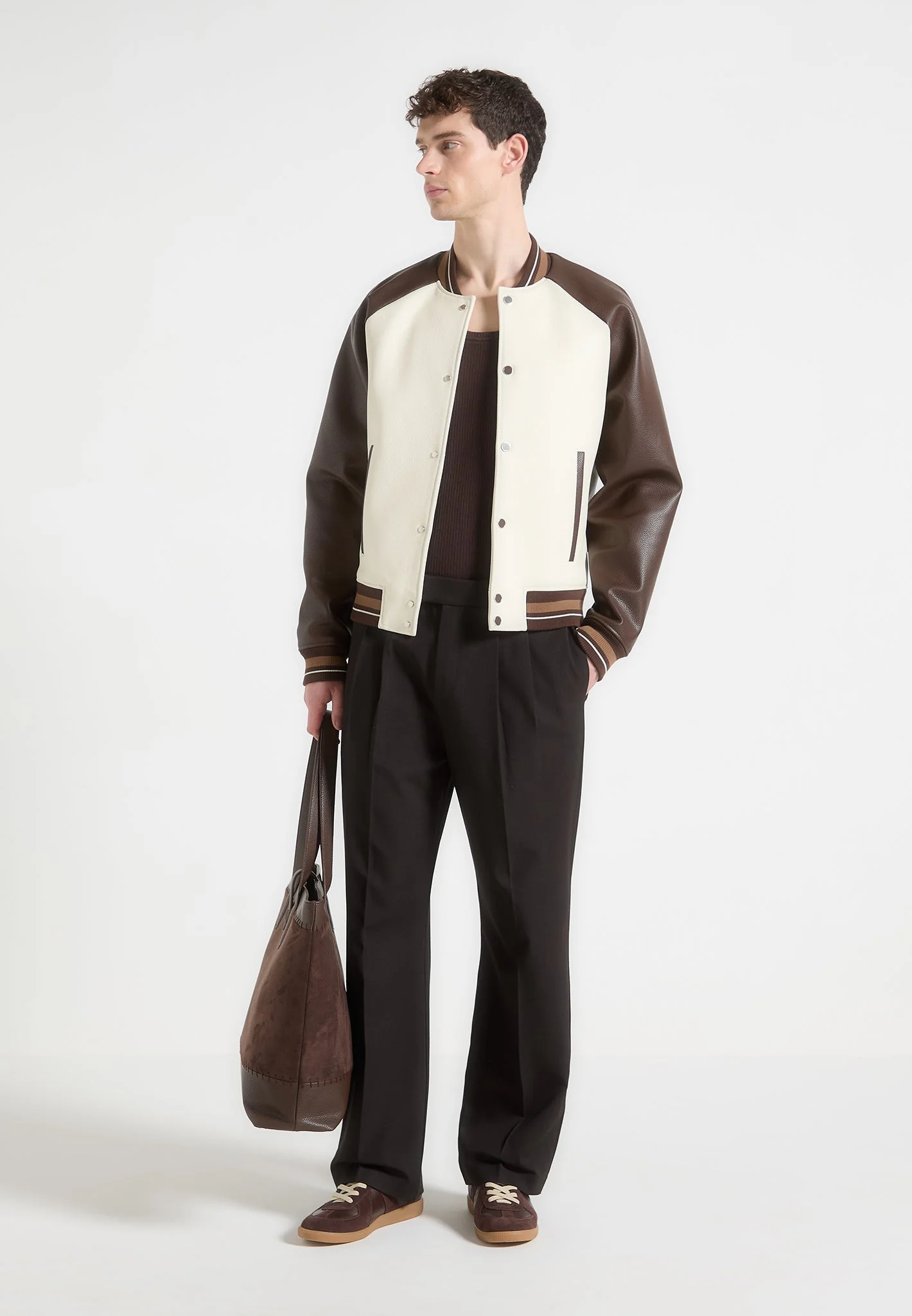 Guy - Contrast Leather Bomber Jacket - Cream/Brown - Image 2