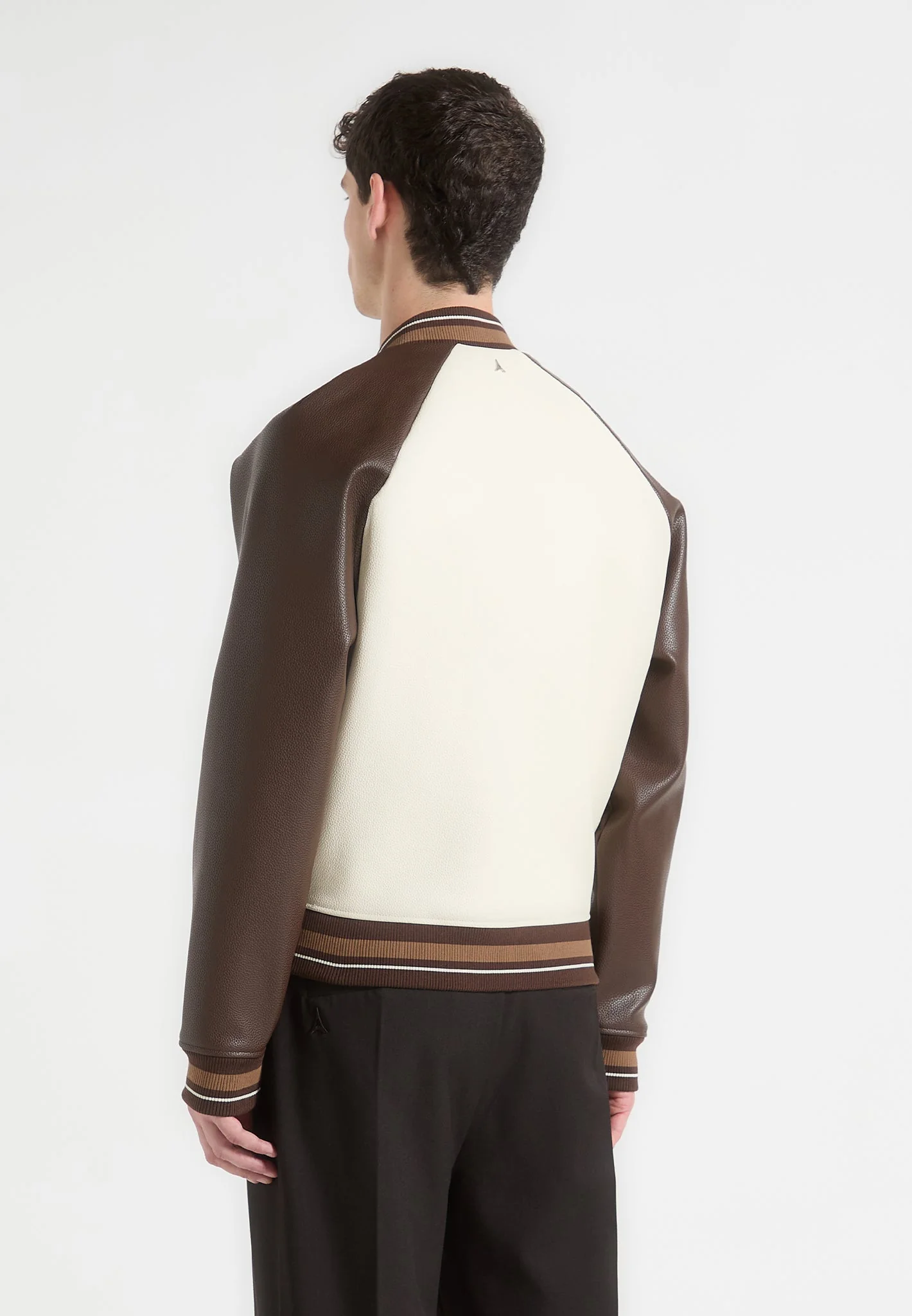 Guy - Contrast Leather Bomber Jacket - Cream/Brown - Image 3