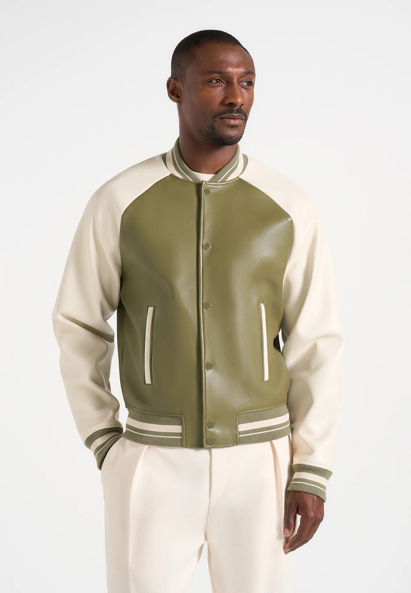 Guy - Contrast Leather Bomber Jacket - Olive/Cream - Image 3