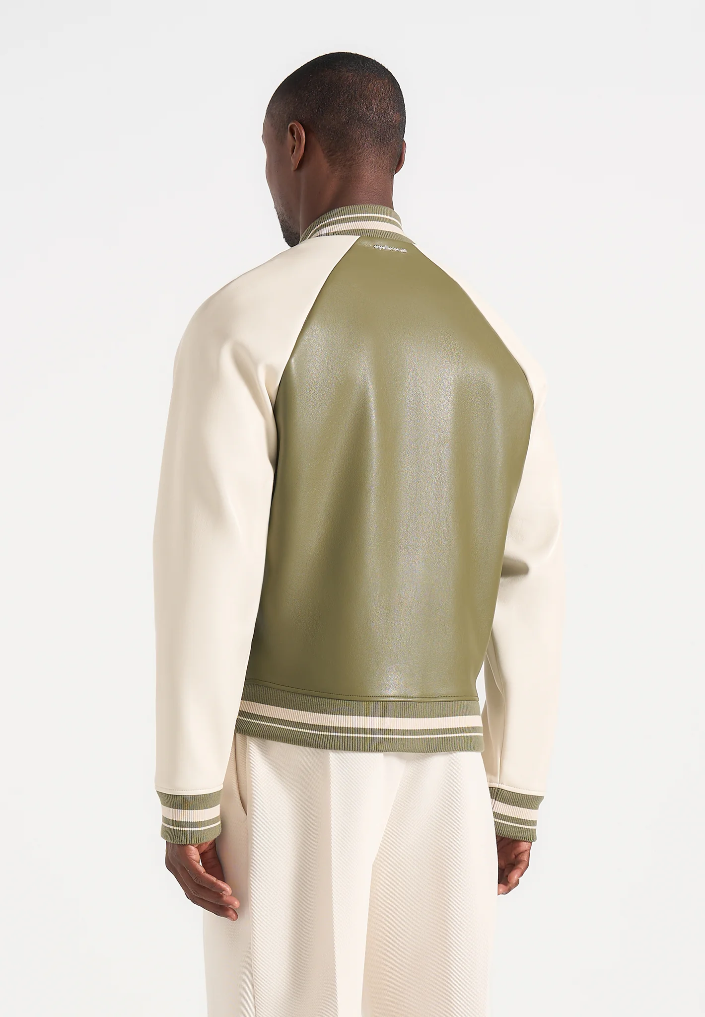 Guy - Contrast Leather Bomber Jacket - Olive/Cream - Image 4