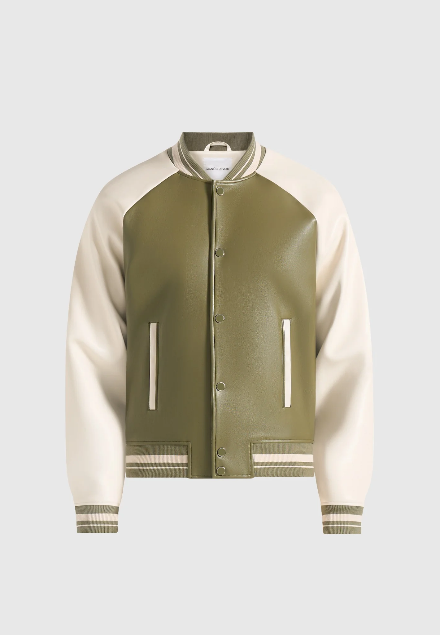 Guy - Contrast Leather Bomber Jacket - Olive/Cream - Image 5