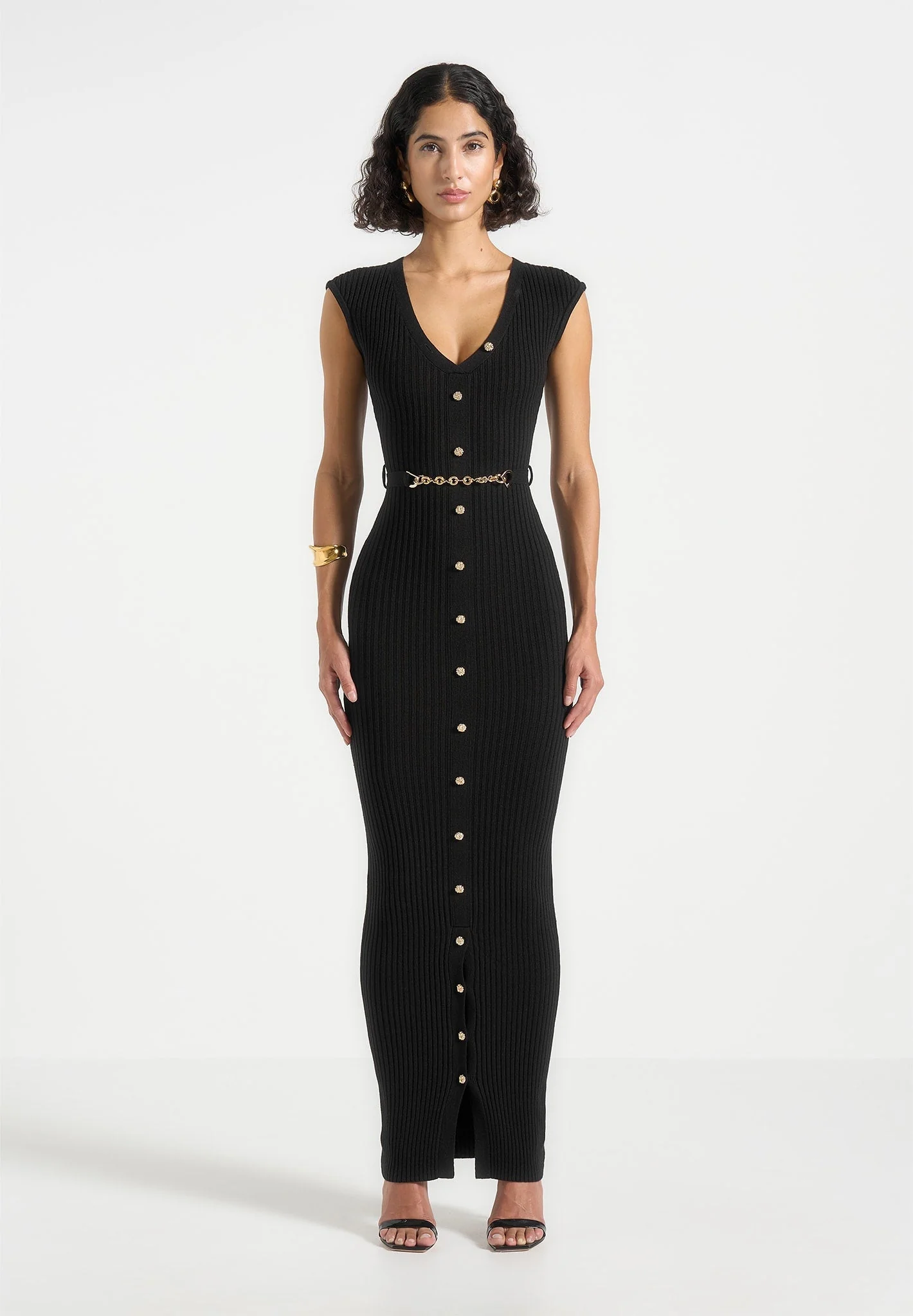 Helene - Knitted Maxi Dress with Belt - Black - Image 3