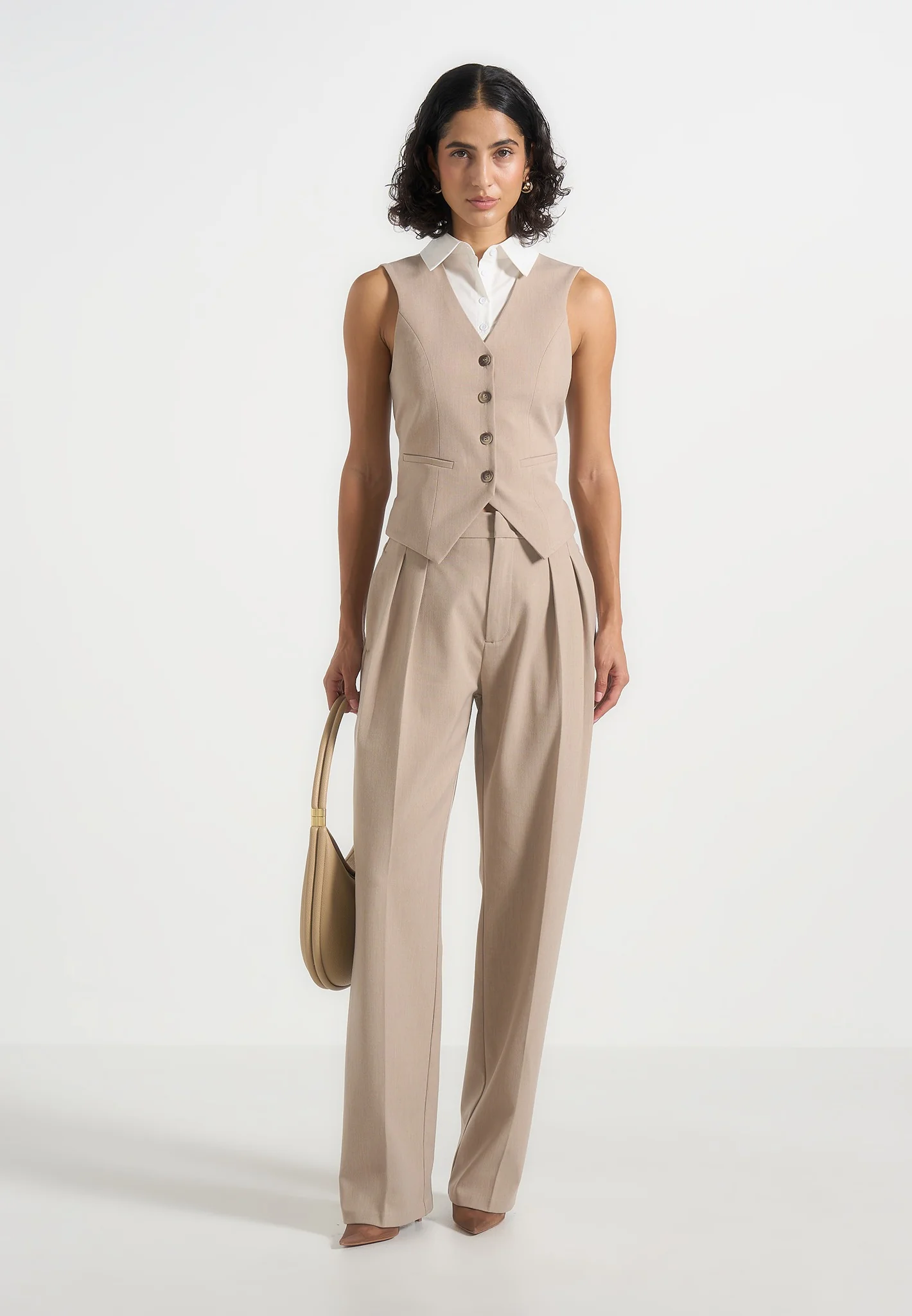 Irene - Collar Detail Cinched Waistcoat - Beige/White