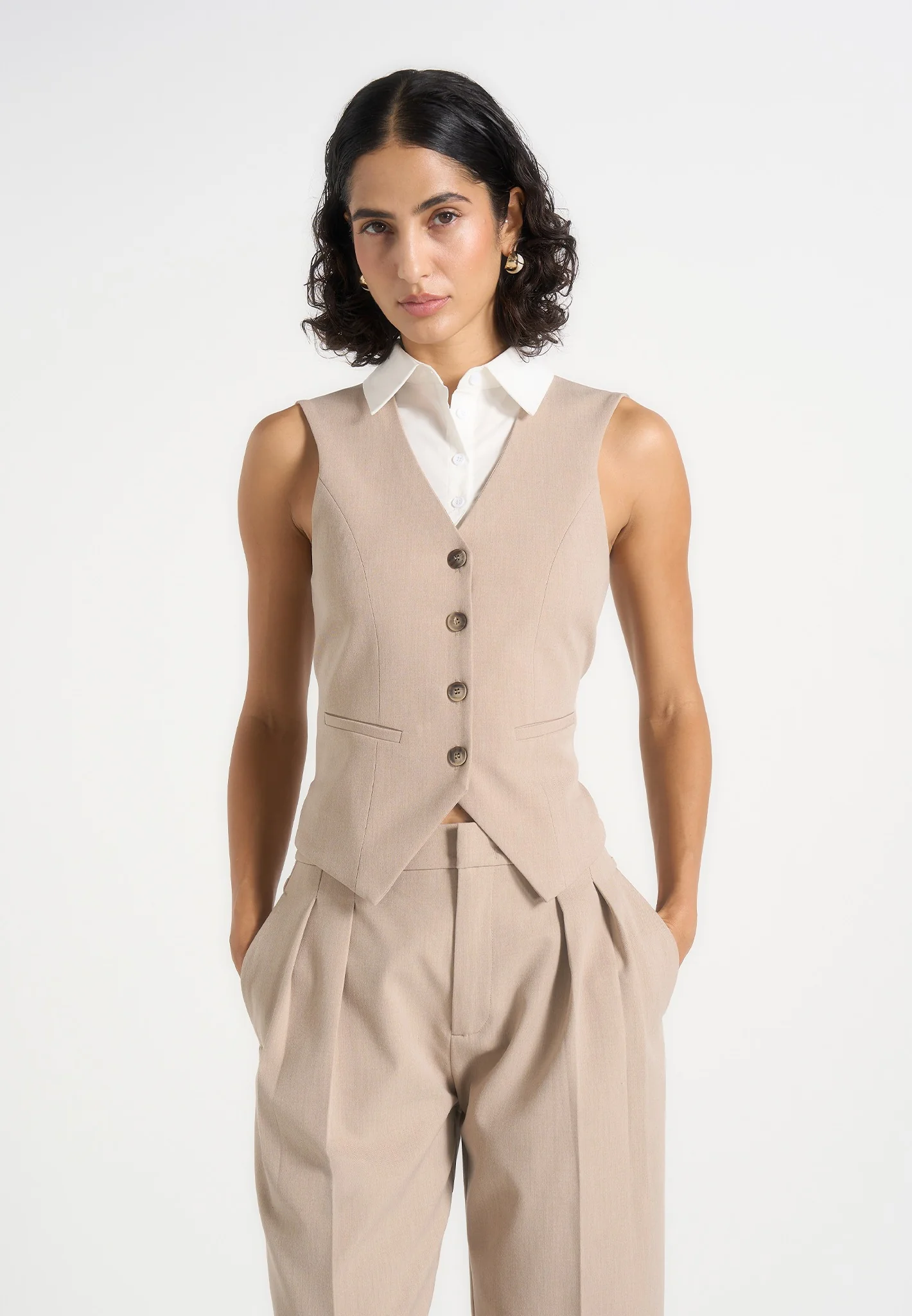 Irene - Collar Detail Cinched Waistcoat - Beige/White - Image 2