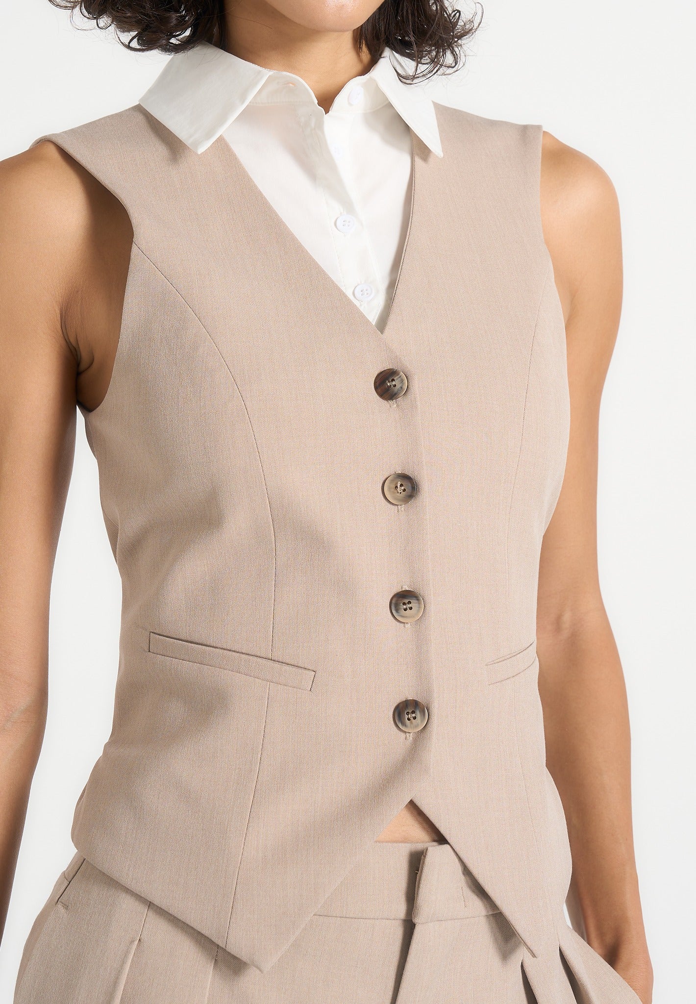 Irene - Collar Detail Cinched Waistcoat - Beige/White - Image 3