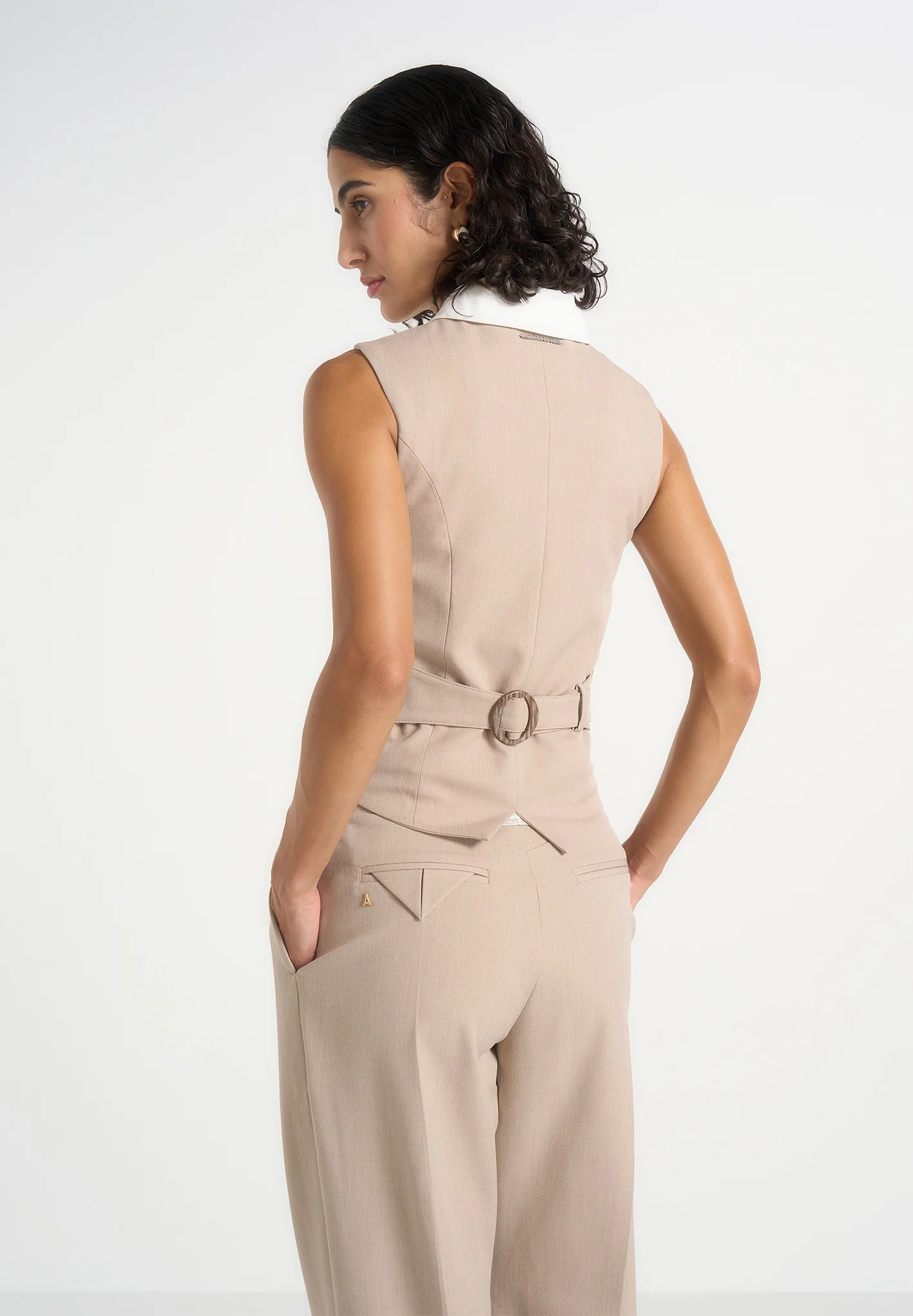 Irene - Collar Detail Cinched Waistcoat - Beige/White - Image 5