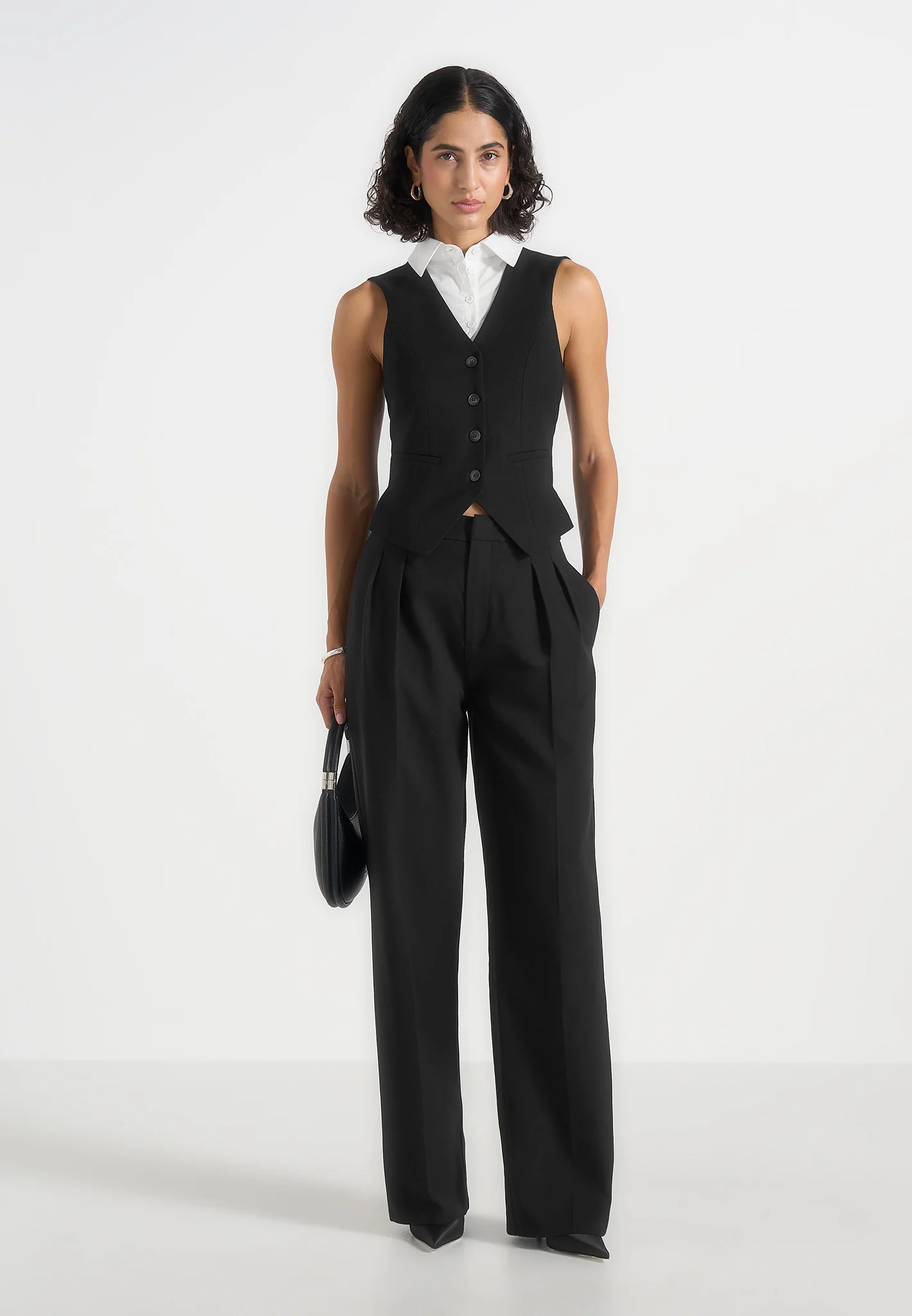 Irene - Collar Detail Cinched Waistcoat - Black/White