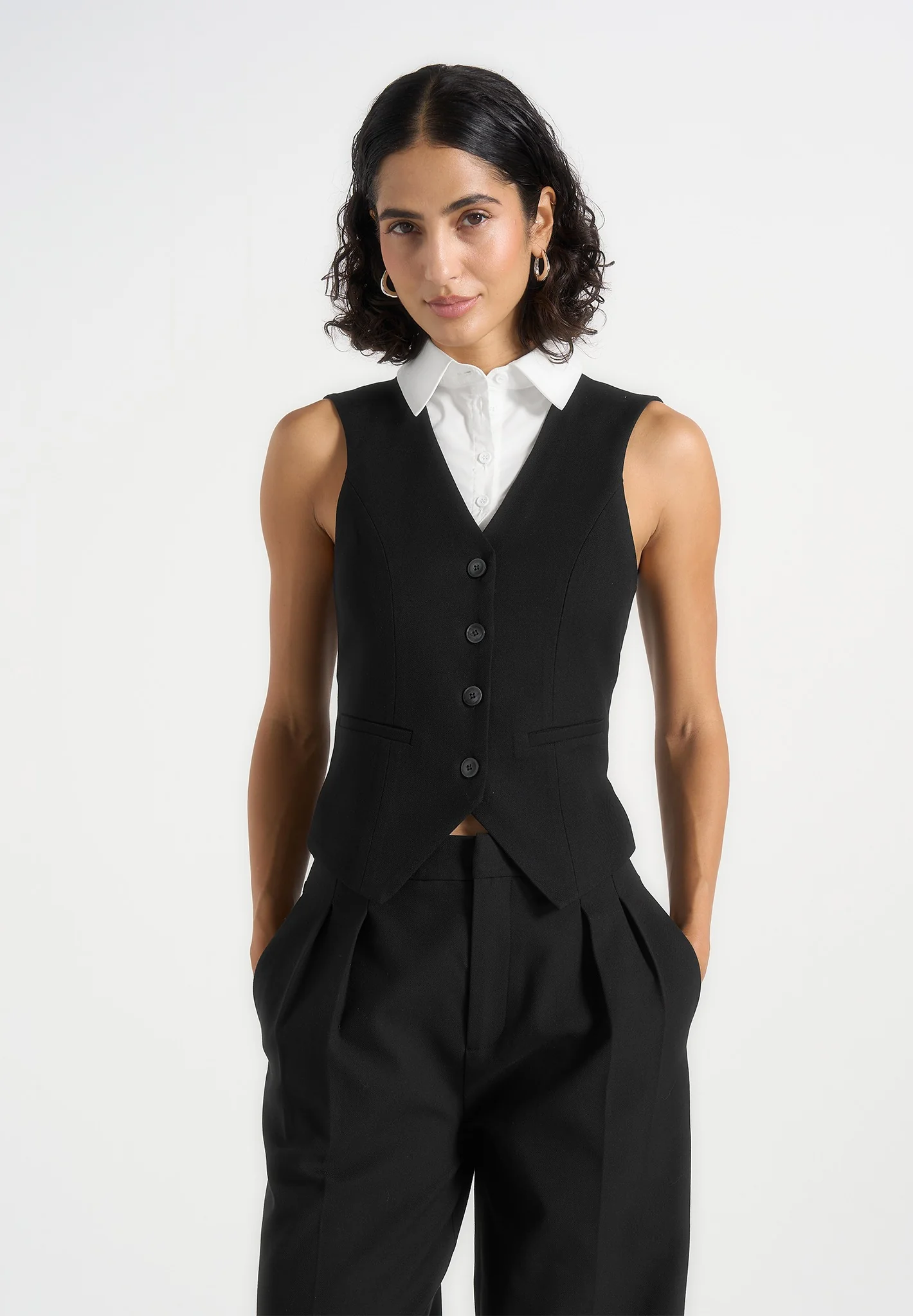 Irene - Collar Detail Cinched Waistcoat - Black/White - Image 2