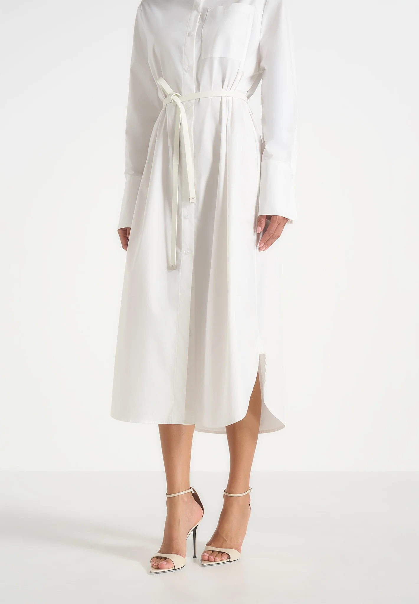 Isa - Belted Cotton Midi Shirt Dress - White - Image 3