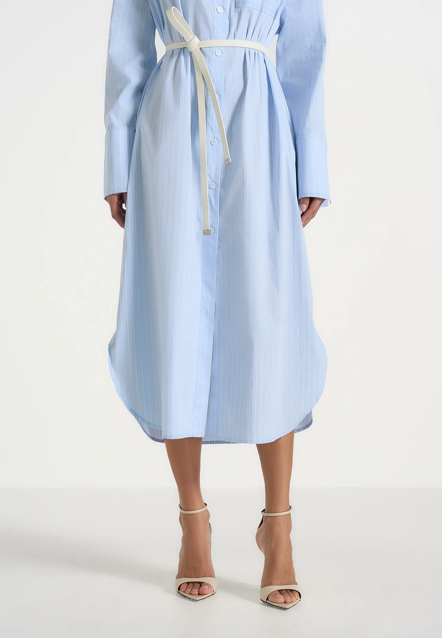 Isa - Belted Pinstripe Cotton Midi Shirt Dress - Pale Blue - Image 3