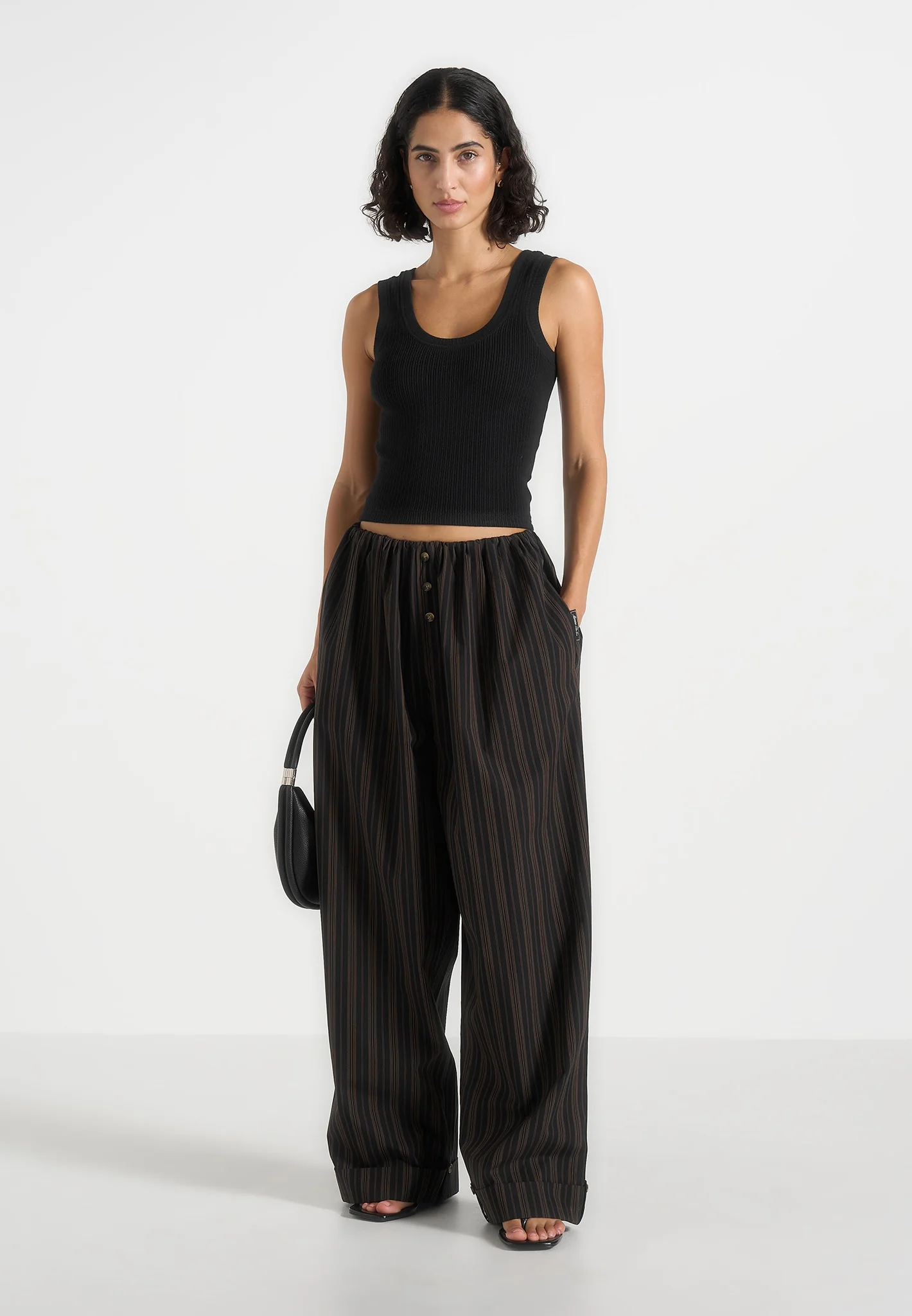Ivanna - Elasticated Wide Leg Striped Cotton Trousers - Black/Brown