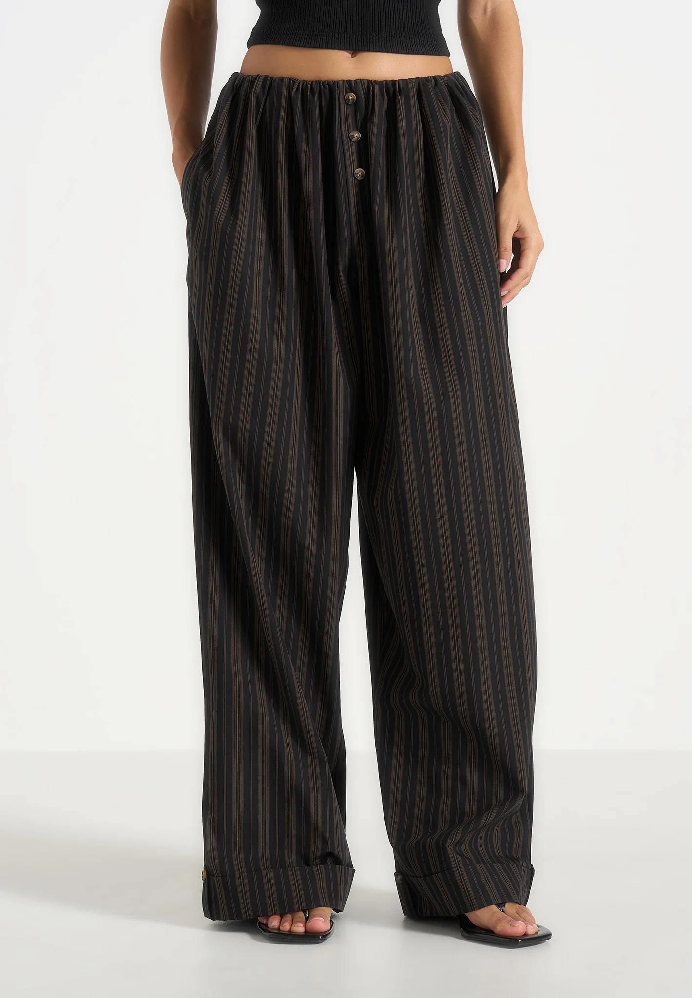 Ivanna - Elasticated Wide Leg Striped Cotton Trousers - Black/Brown - Image 2