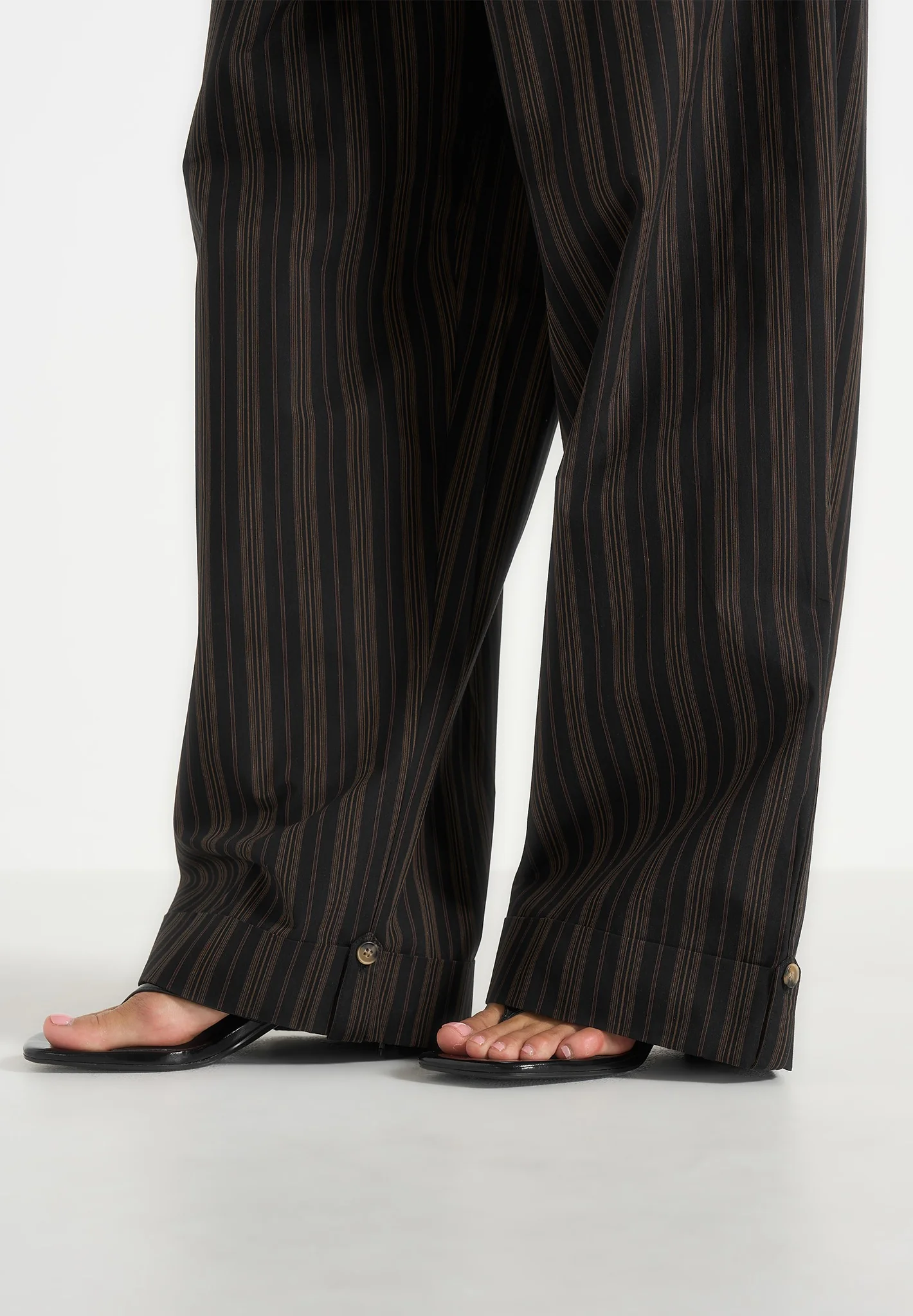 Ivanna - Elasticated Wide Leg Striped Cotton Trousers - Black/Brown - Image 3