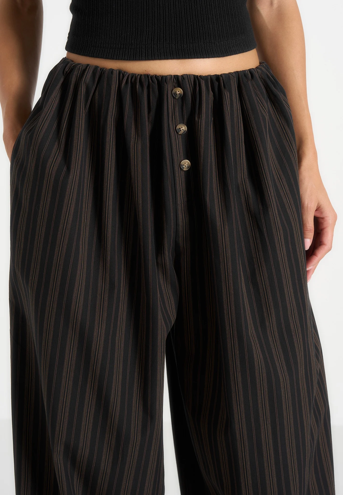 Ivanna - Elasticated Wide Leg Striped Cotton Trousers - Black/Brown - Image 5