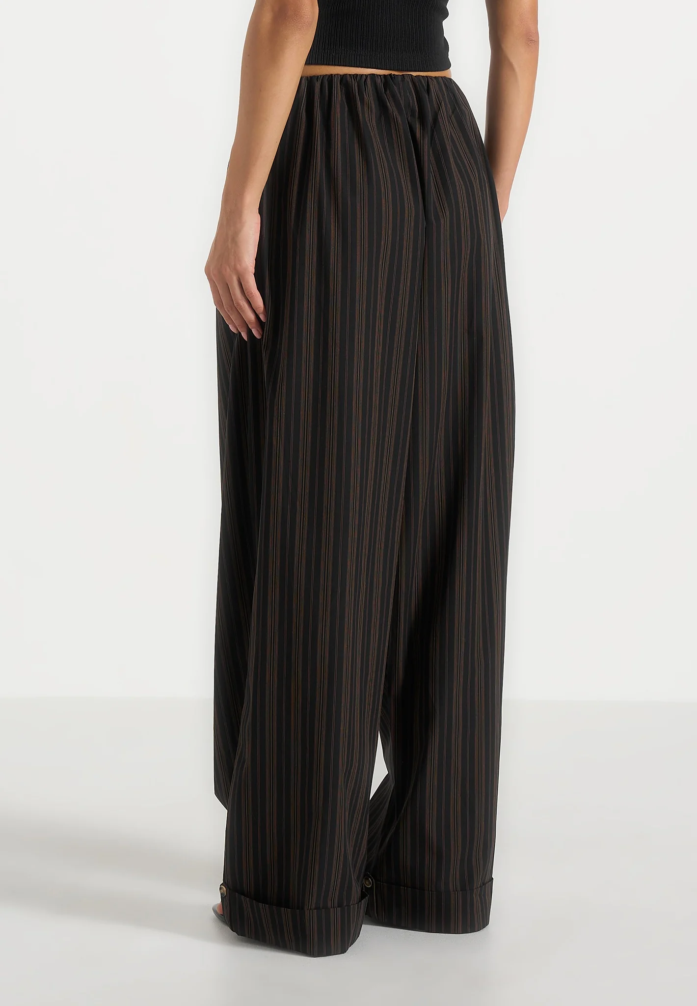 Ivanna - Elasticated Wide Leg Striped Cotton Trousers - Black/Brown - Image 6