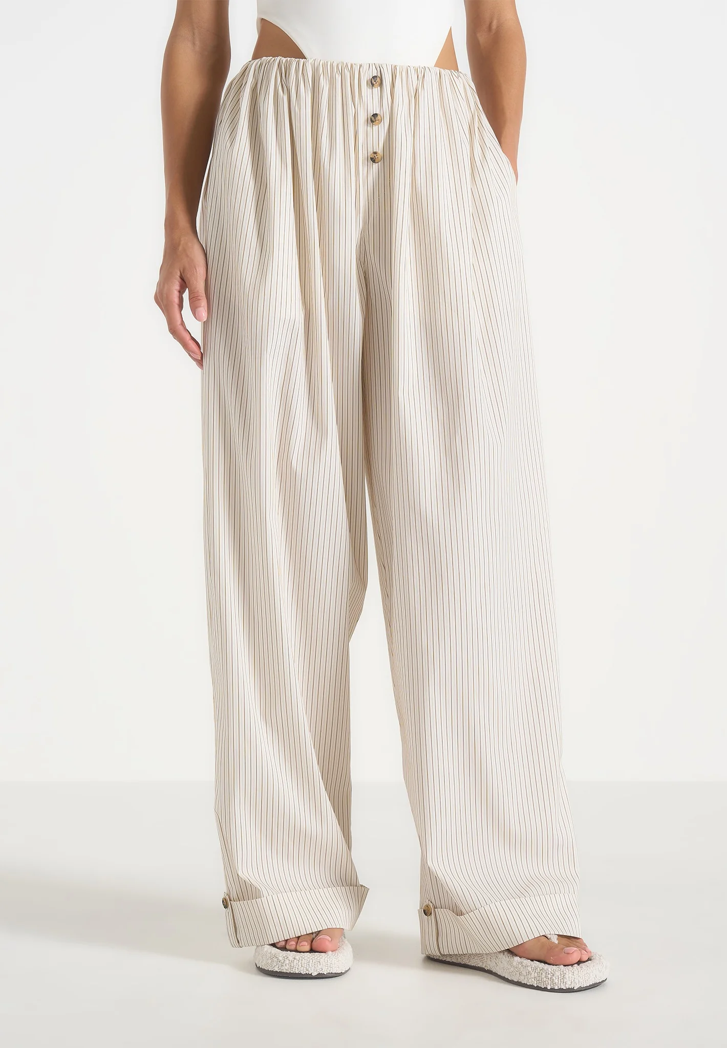 Ivanna - Elasticated Wide Leg Striped Cotton Trousers - Cream
