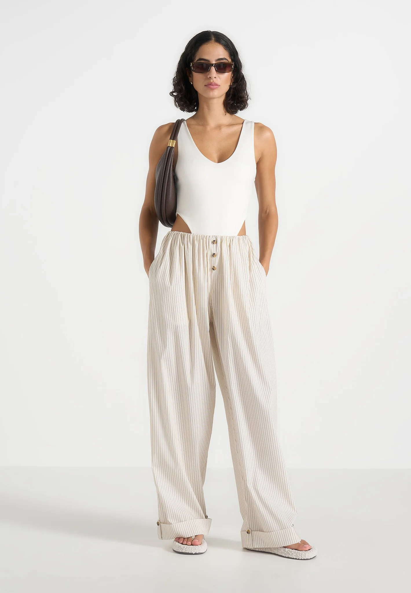 Ivanna - Elasticated Wide Leg Striped Cotton Trousers - Cream - Image 2