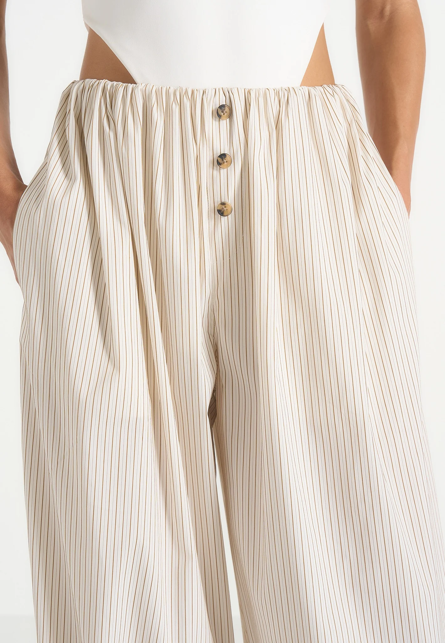 Ivanna - Elasticated Wide Leg Striped Cotton Trousers - Cream - Image 5