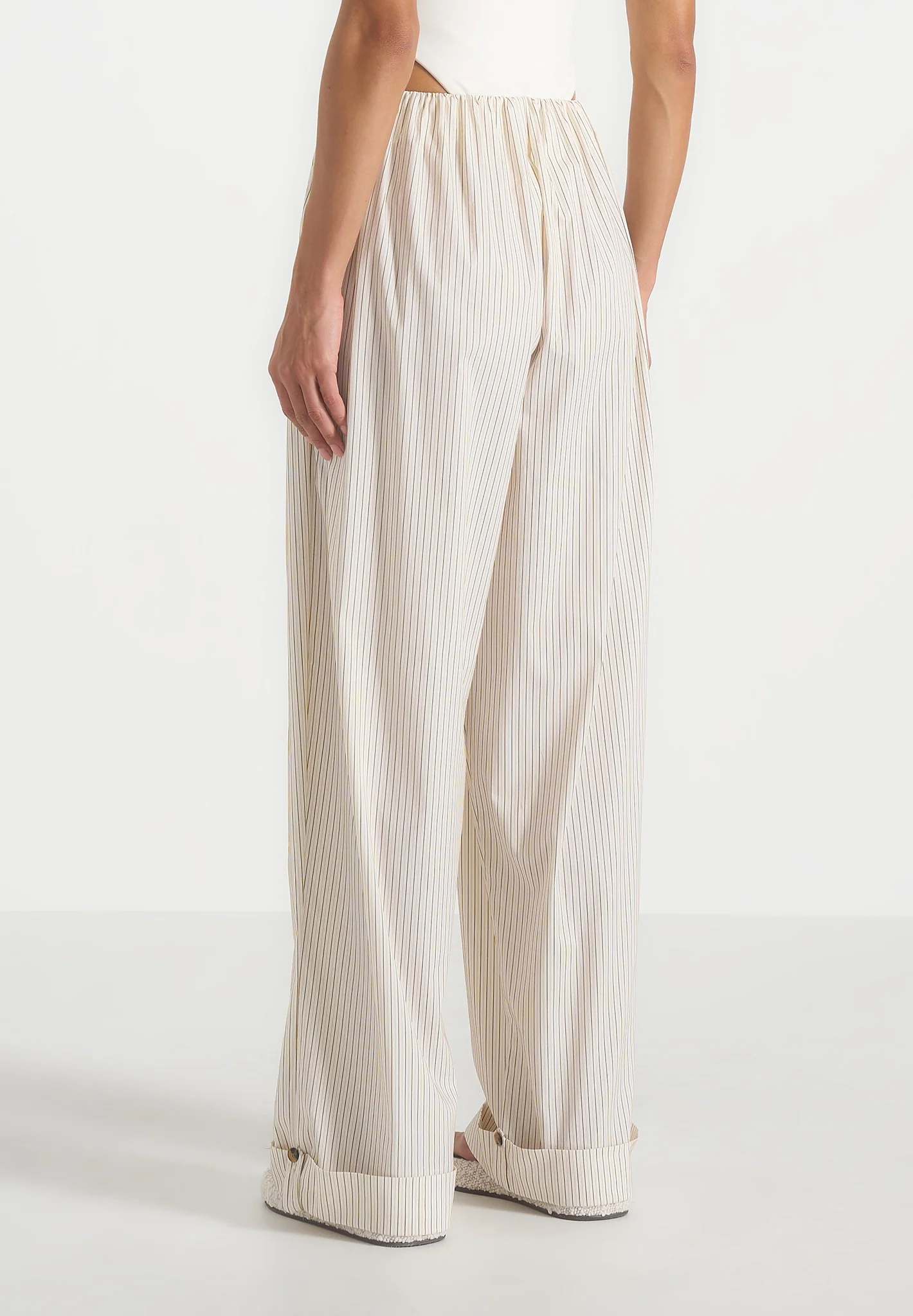 Ivanna - Elasticated Wide Leg Striped Cotton Trousers - Cream - Image 6