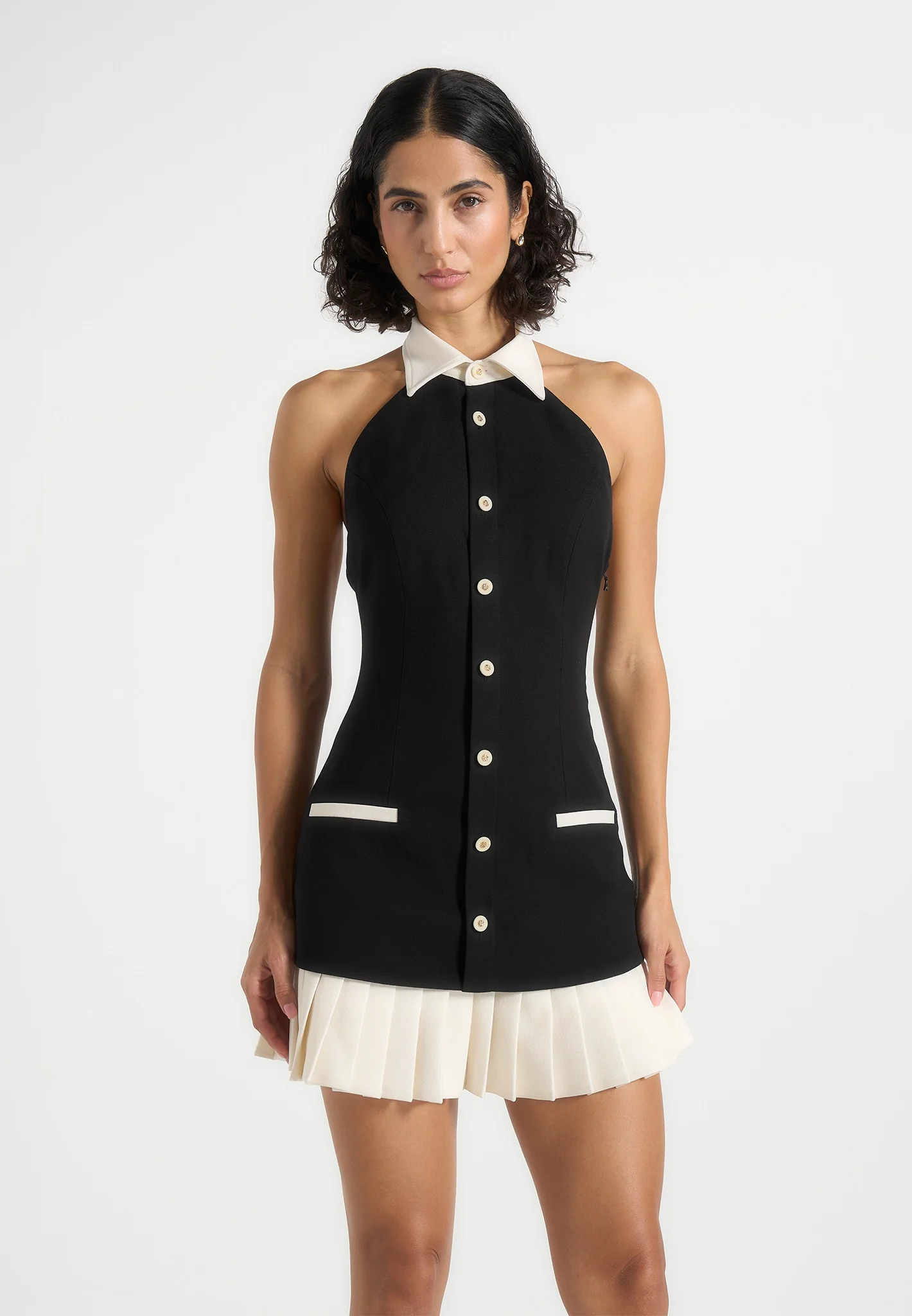 Jasmine - Halterneck Pleated Mini Dress - Black - Image 3