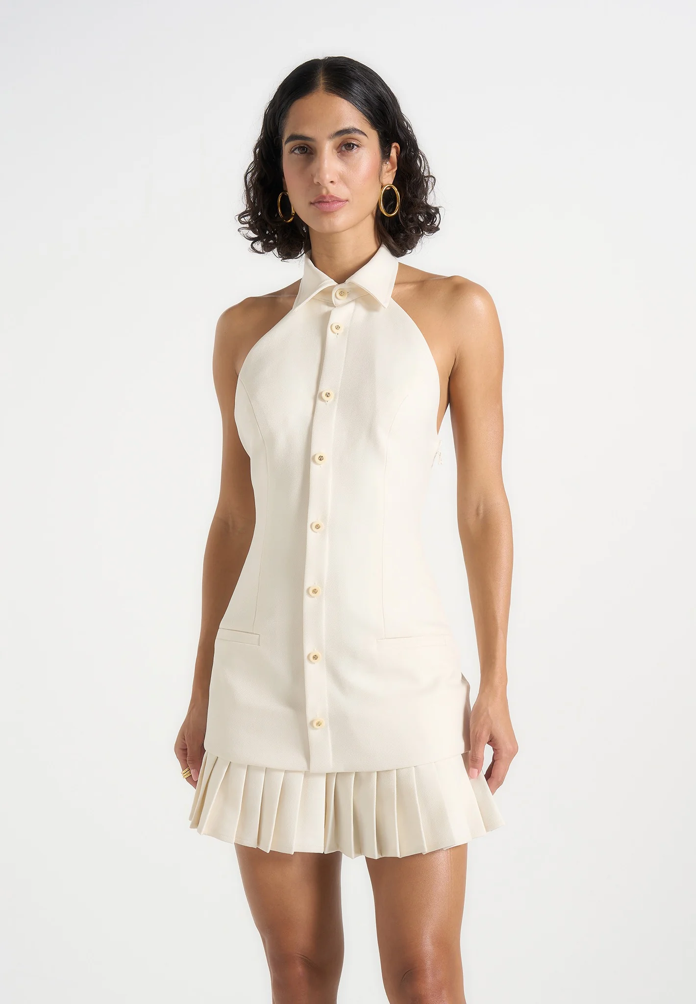Jasmine - Halterneck Pleated Mini Dress - Cream - Image 4