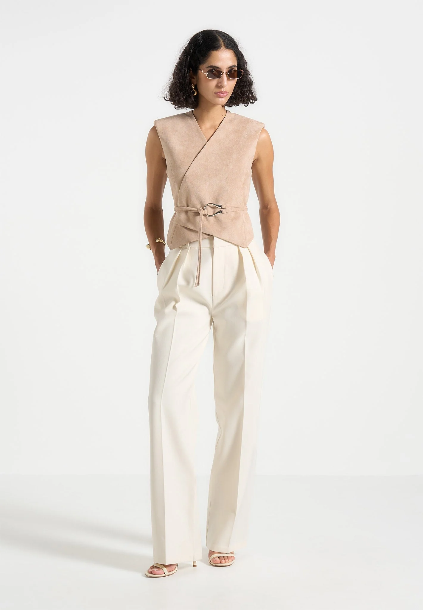 Jeanne - Suede Wrap Waistcoat with Belt - Beige - Image 2