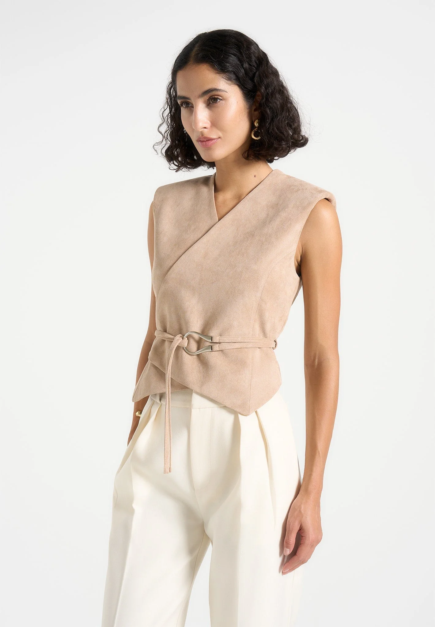 Jeanne - Suede Wrap Waistcoat with Belt - Beige - Image 3