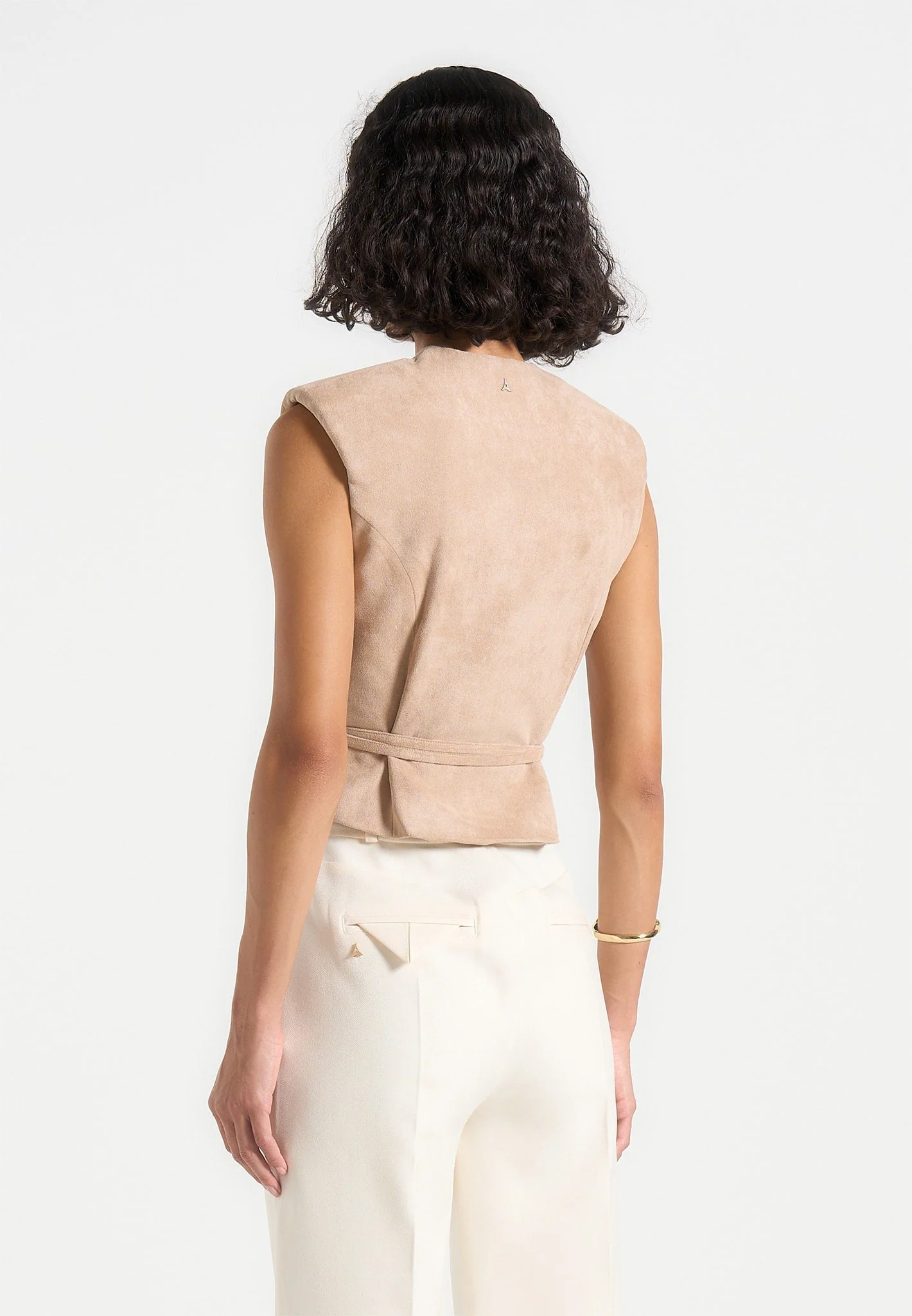 Jeanne - Suede Wrap Waistcoat with Belt - Beige - Image 4