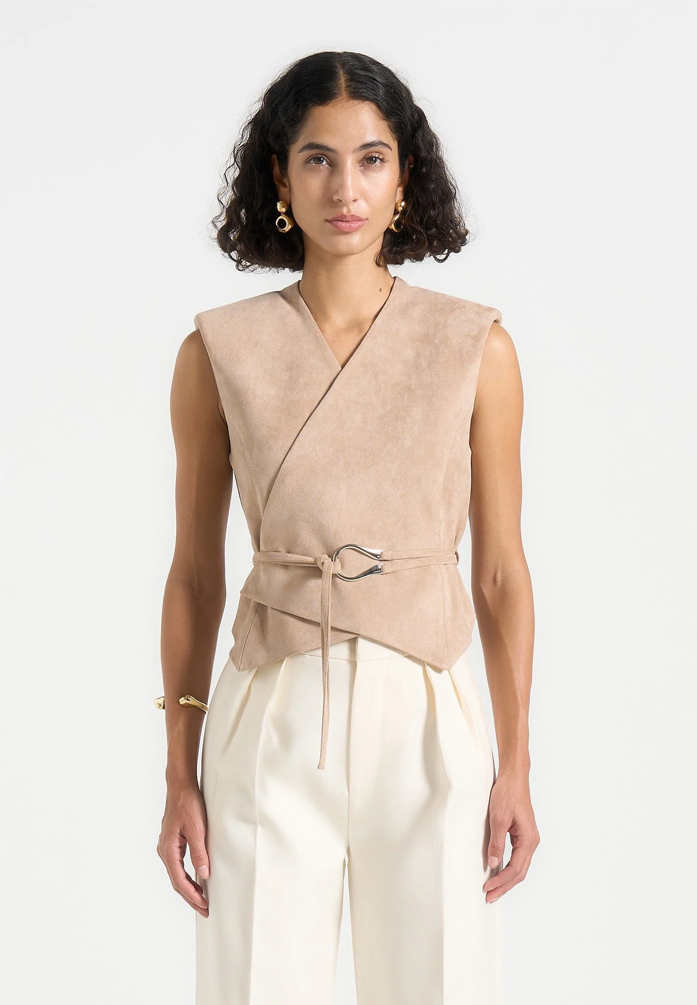 Jeanne - Suede Wrap Waistcoat with Belt - Beige - Image 5