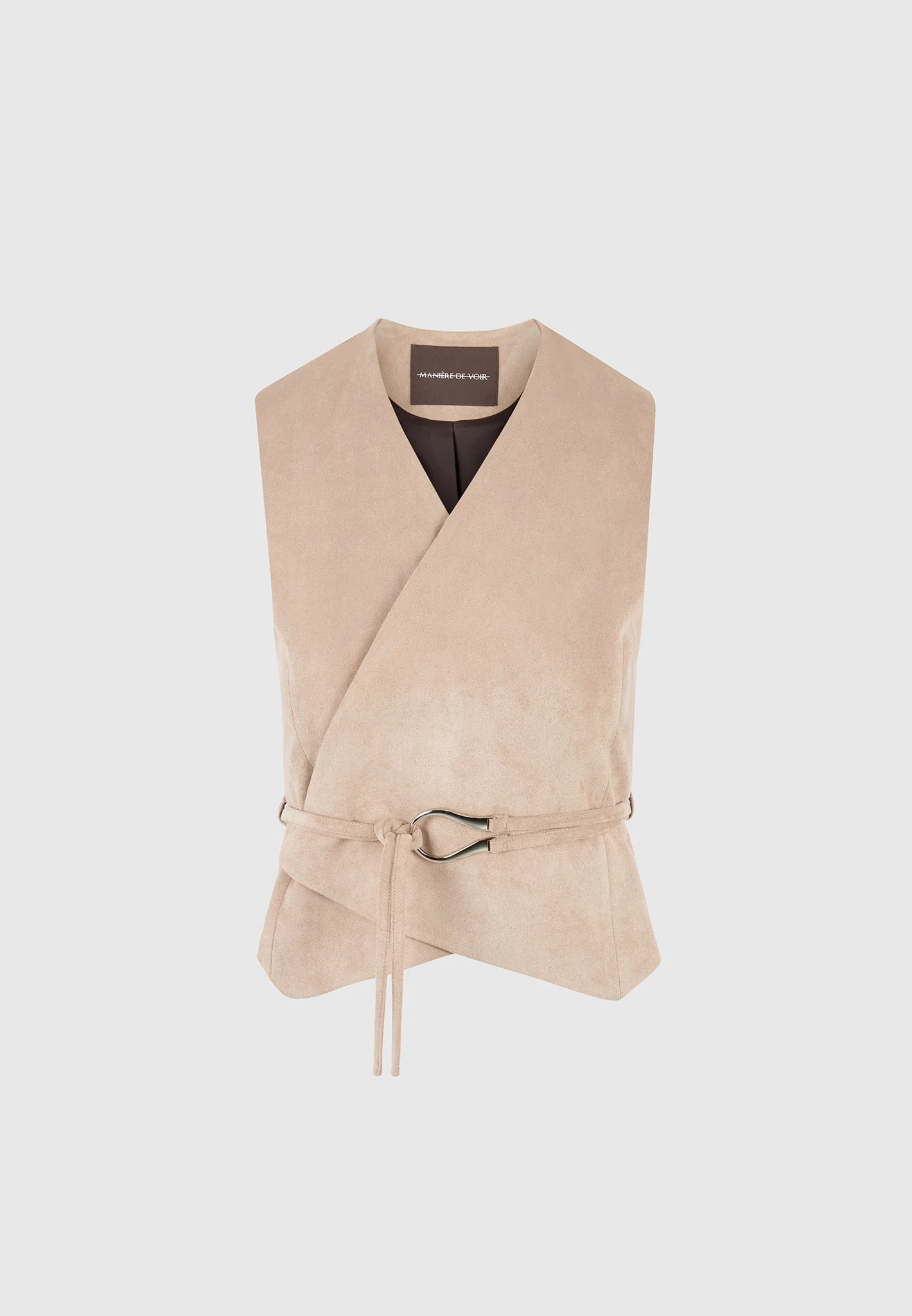 Jeanne - Suede Wrap Waistcoat with Belt - Beige - Image 6