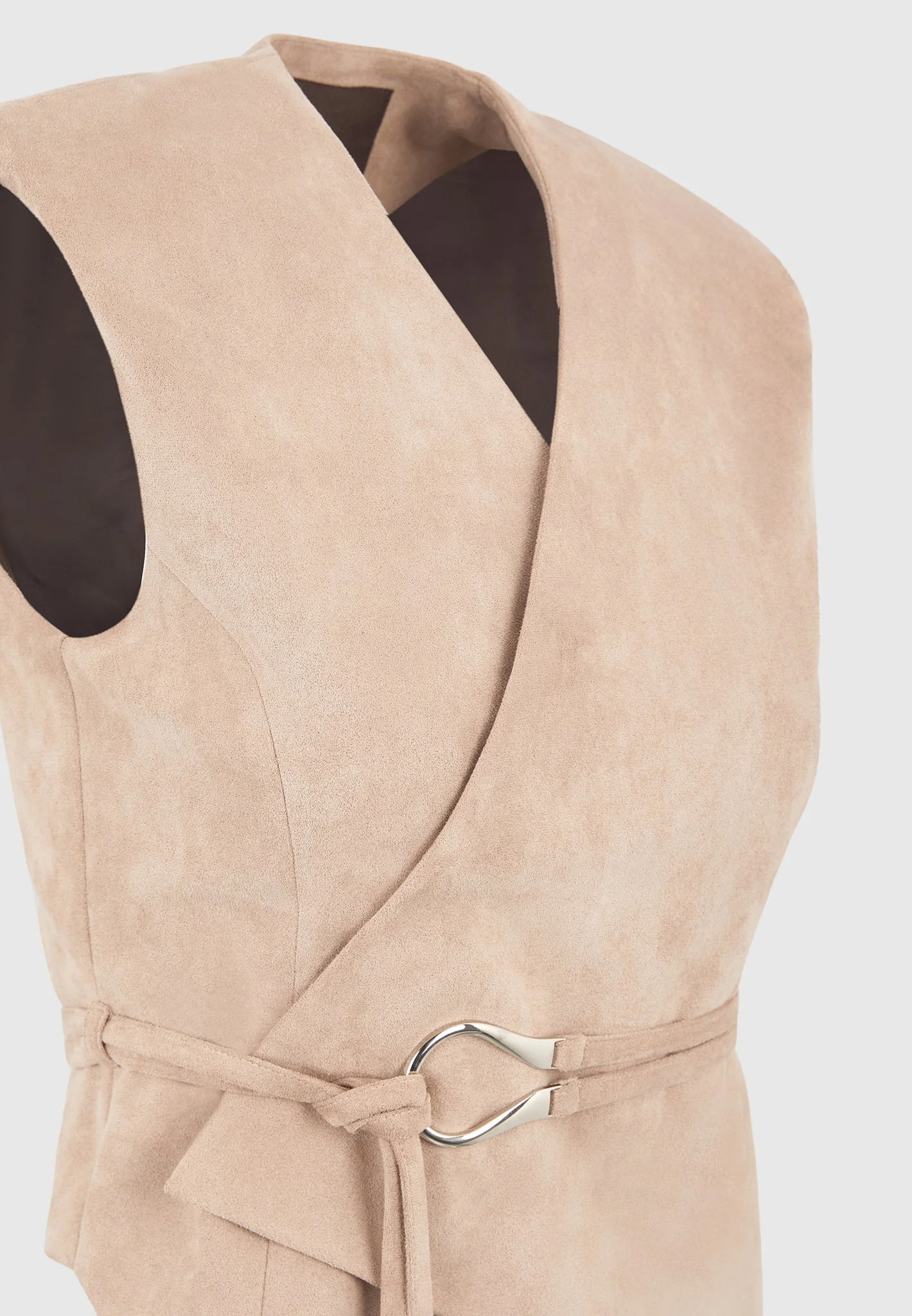 Jeanne - Suede Wrap Waistcoat with Belt - Beige - Image 7