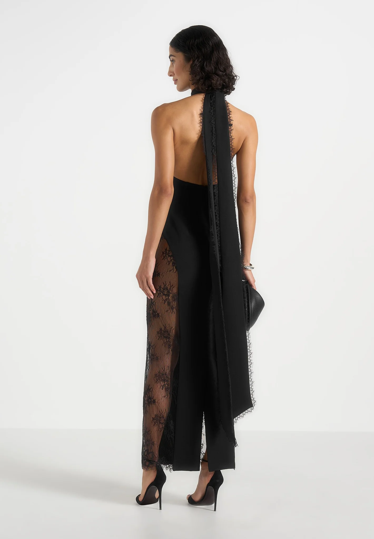 Jessica - Contour Lace Halter Drape Neck Maxi Dress - Black - Image 2