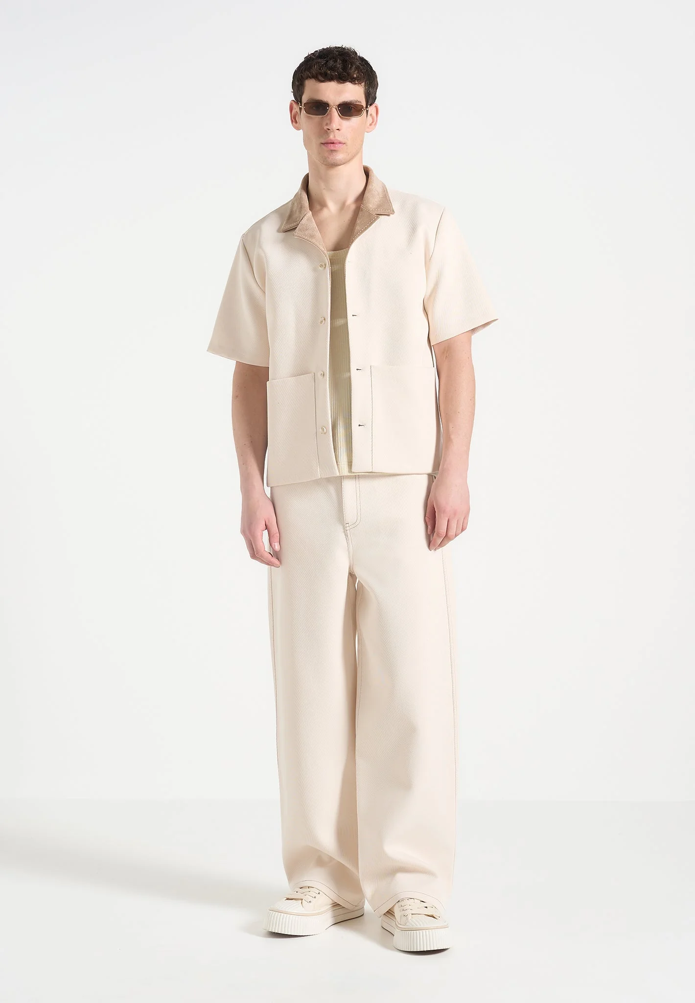 Joel - Twill Shirt with Suede Revere Collar  - Cream