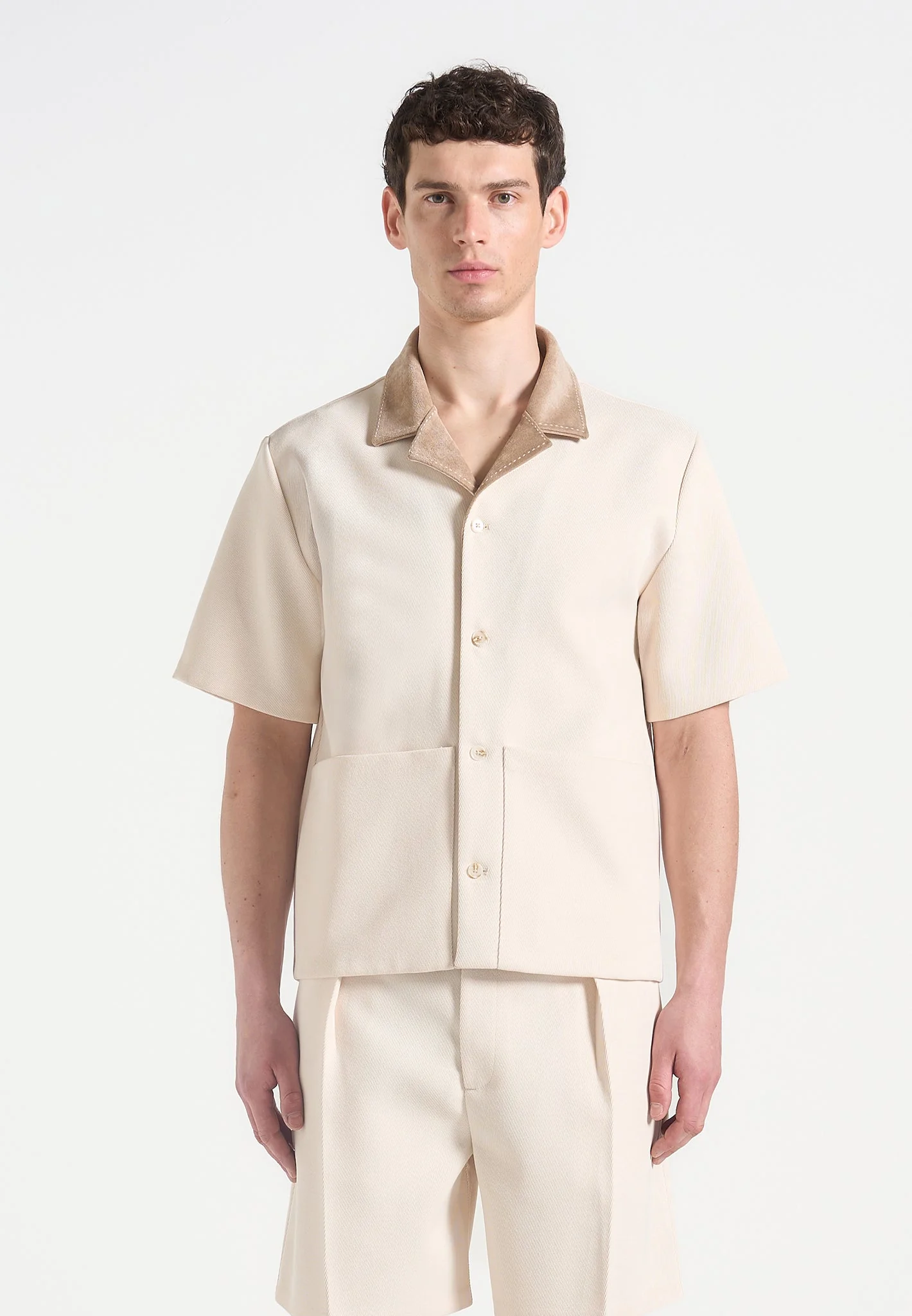 Joel - Twill Shirt with Suede Revere Collar  - Cream - Image 2
