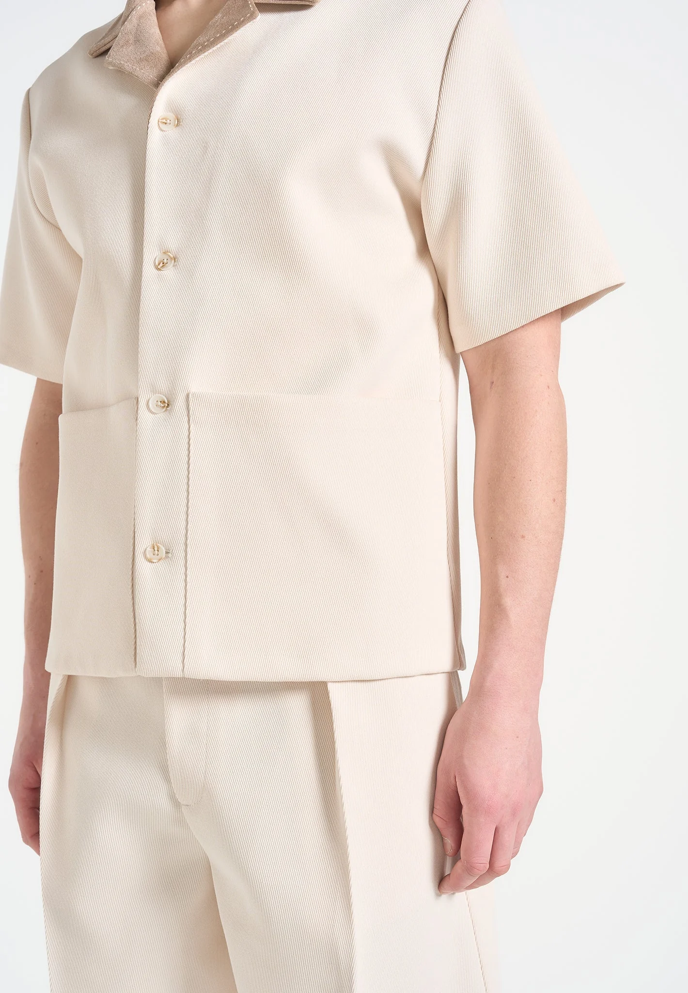 Joel - Twill Shirt with Suede Revere Collar  - Cream - Image 3