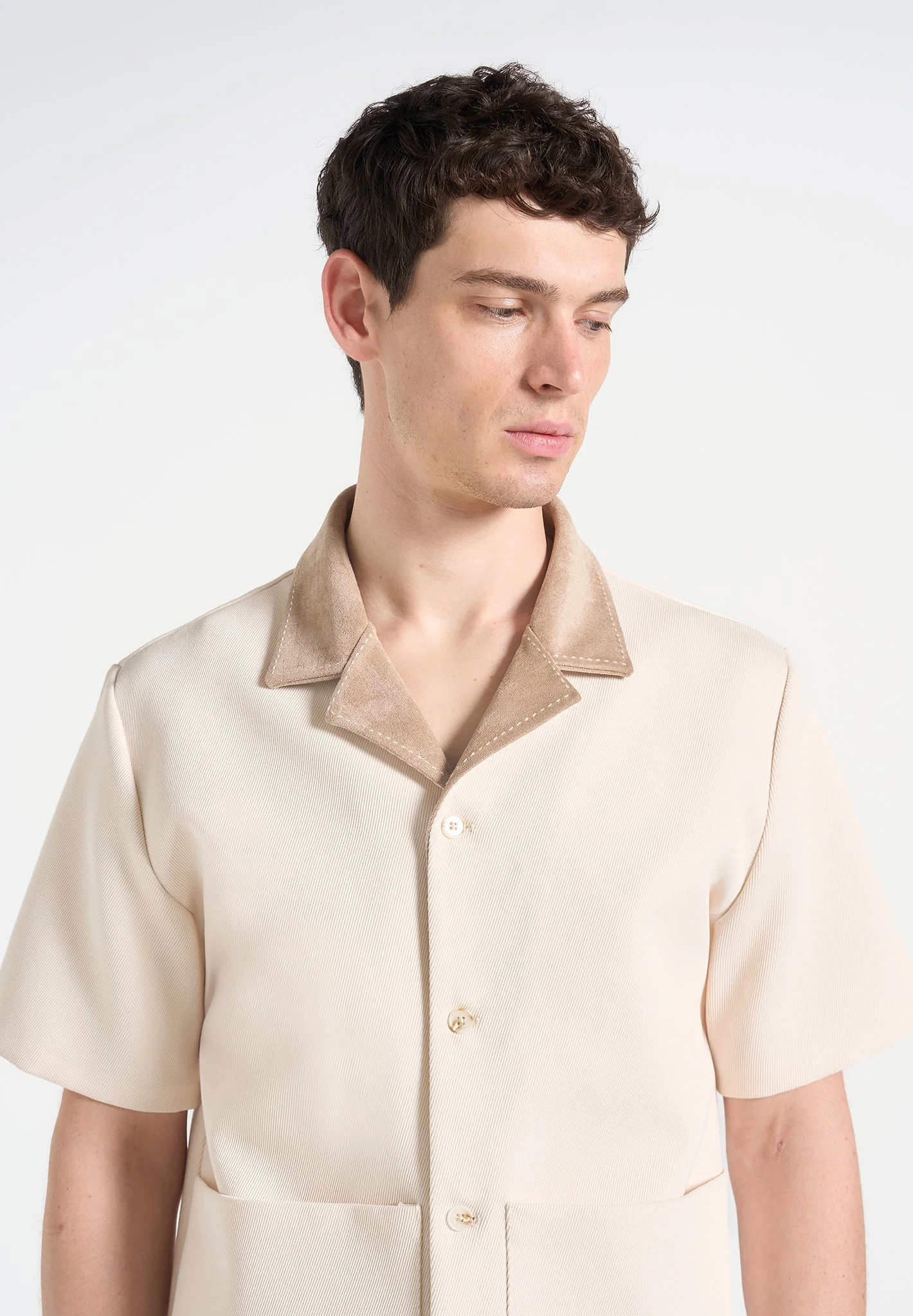 Joel - Twill Shirt with Suede Revere Collar  - Cream - Image 4