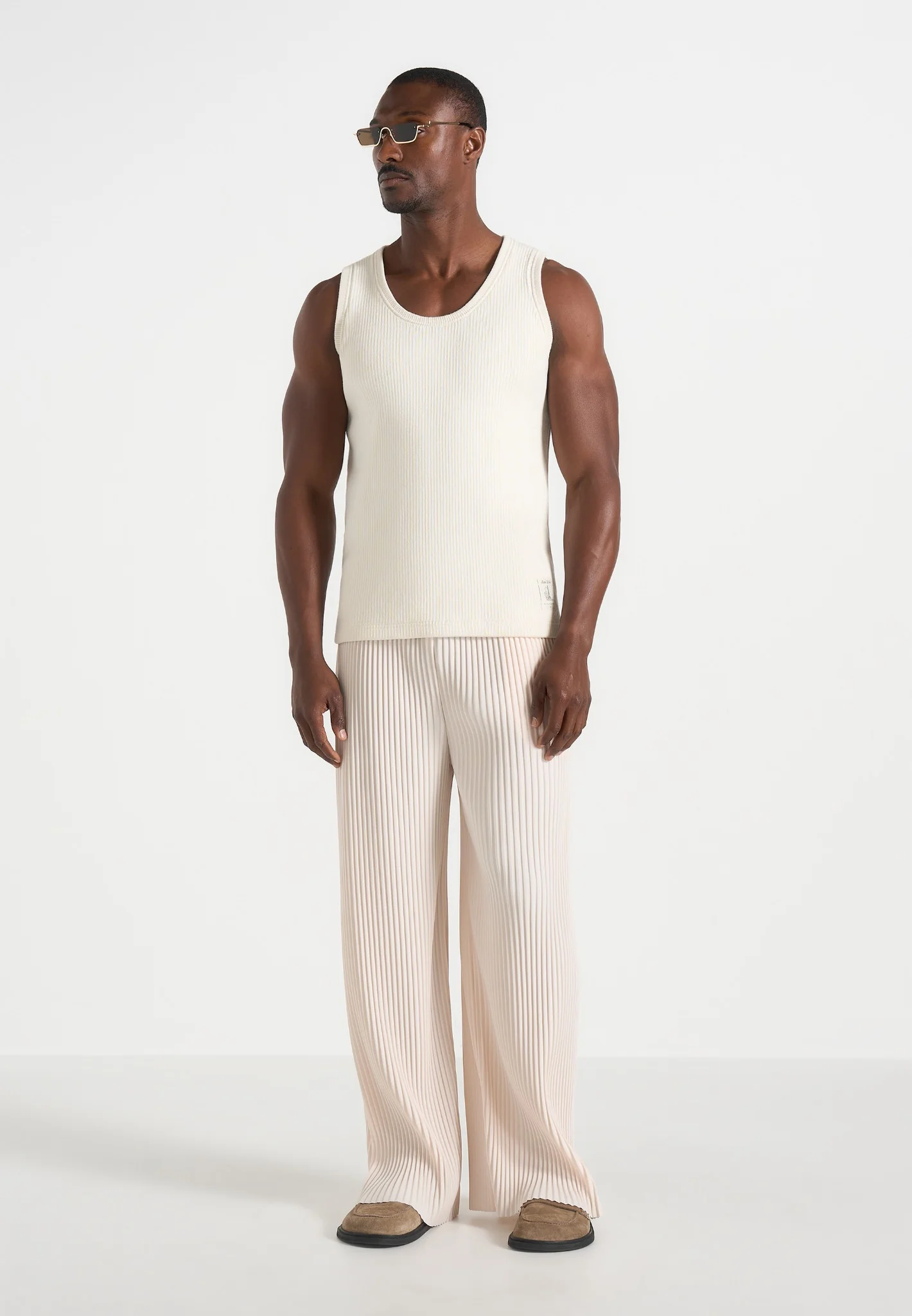 Jonas - Pleated Wide Leg Trousers - Cream - Image 3