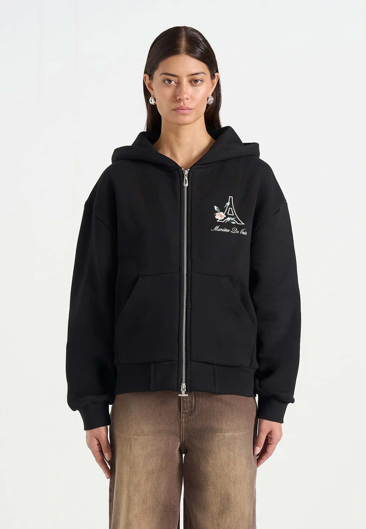 JS009 - Unisex Floral Eiffel Zip Hoodie - Black